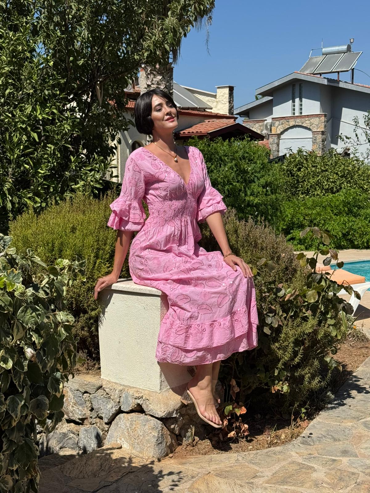 NC10995 İtalyan Pul Payetli Beli Lastikli Coton Elbise Pembe