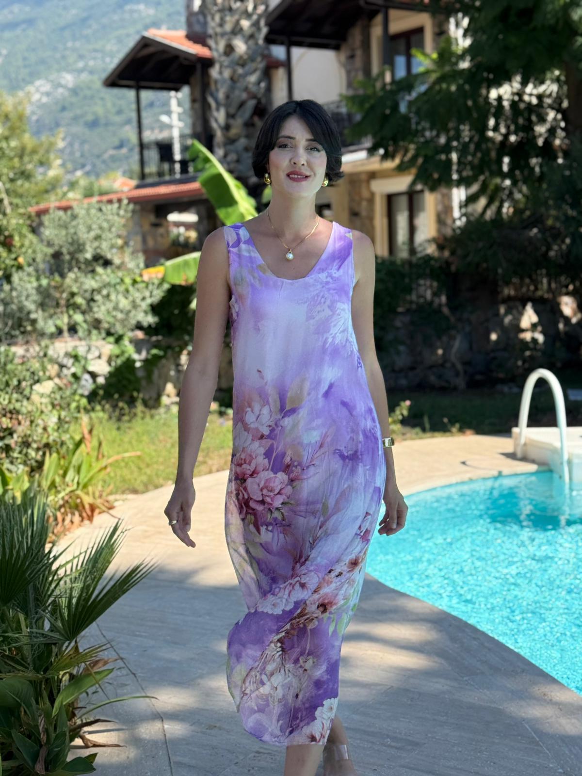 YG20641 İtalyan Çiçekli Askılı İpek Elbise Lila