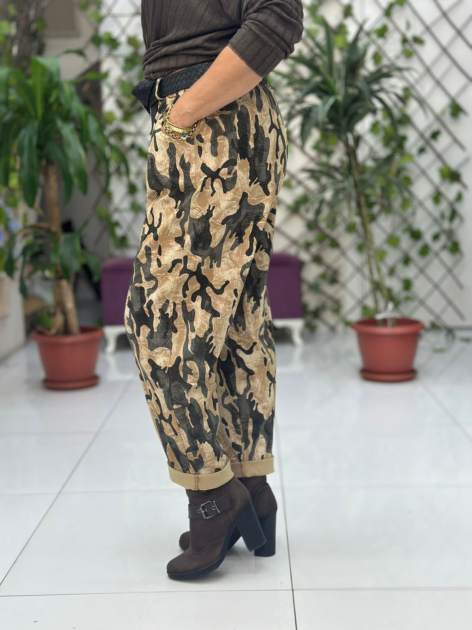 NC242975 İtalyan Kamufulaj Likralı Coton Pantolon Camel