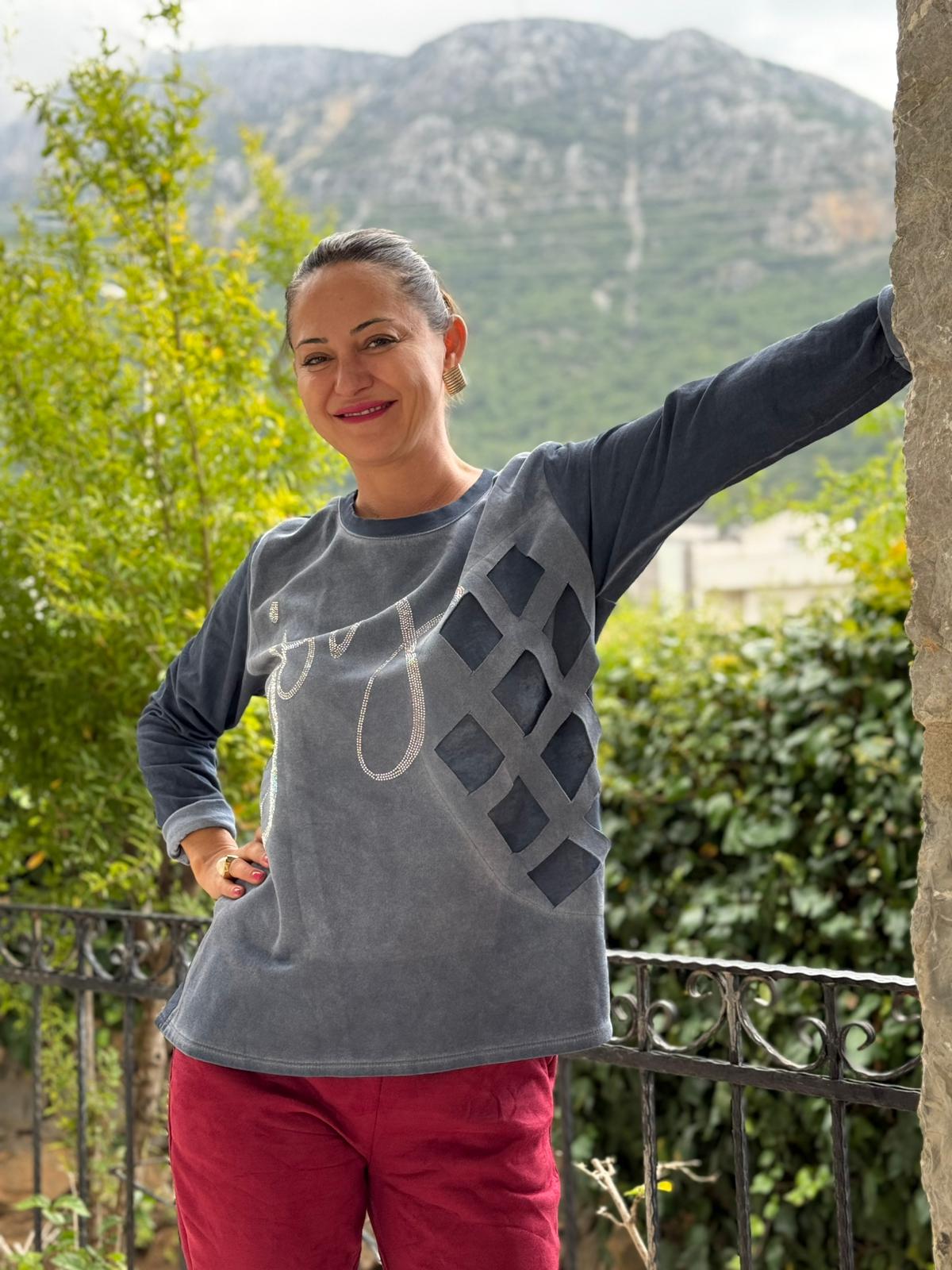 NC58377 Bisiklet Yaka Joy Yazılı Taşlı İtalyan Sweatshirt Mavi