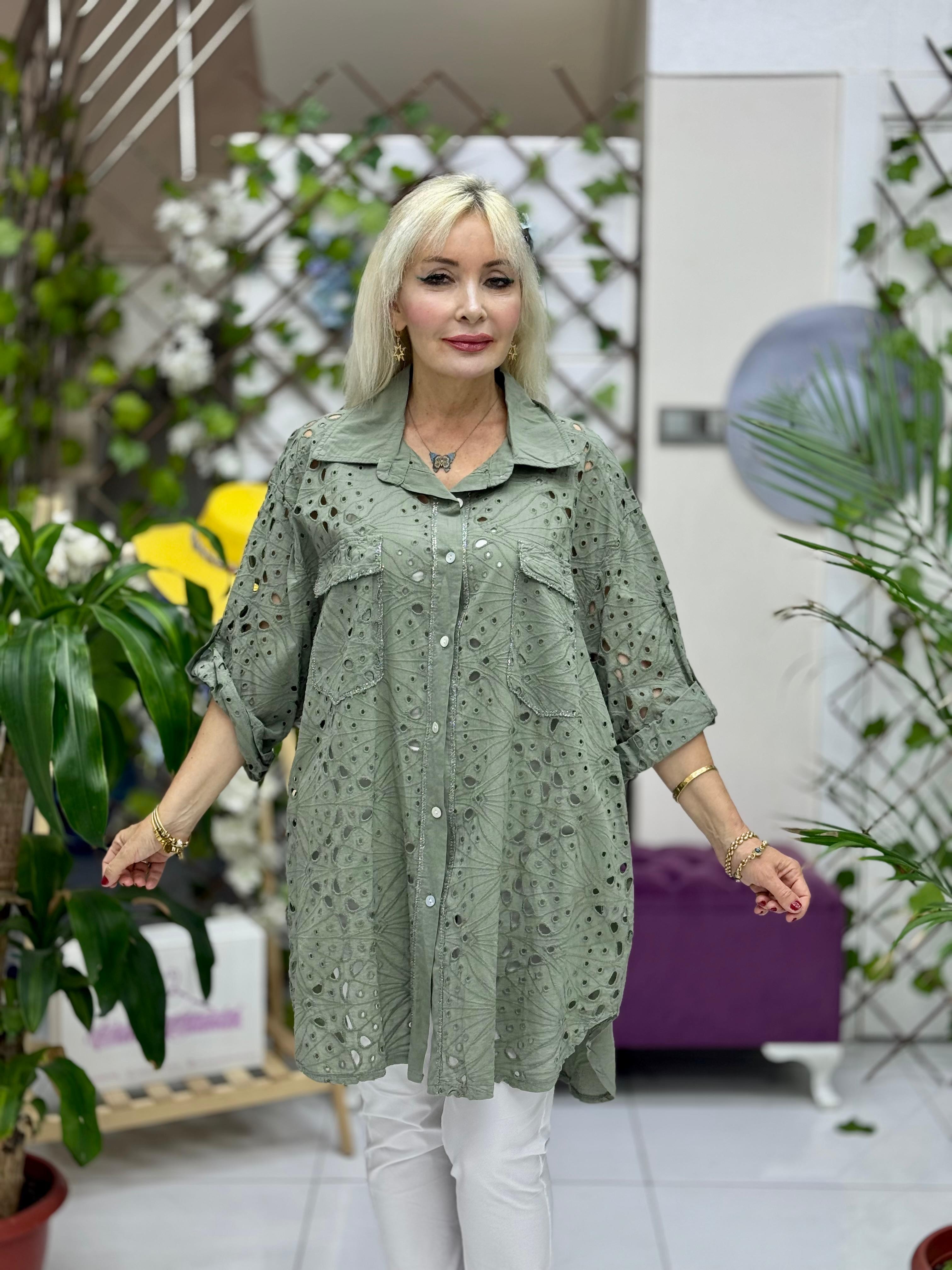 YG9527 İtalyan Brodeli Coton Gömlek Haki