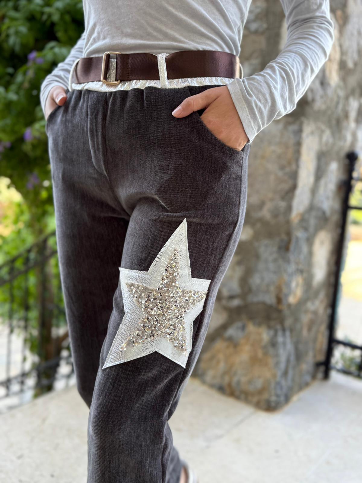 LS12520 İtalyan Yıldız Taşlı Kadife Pantolon Füme