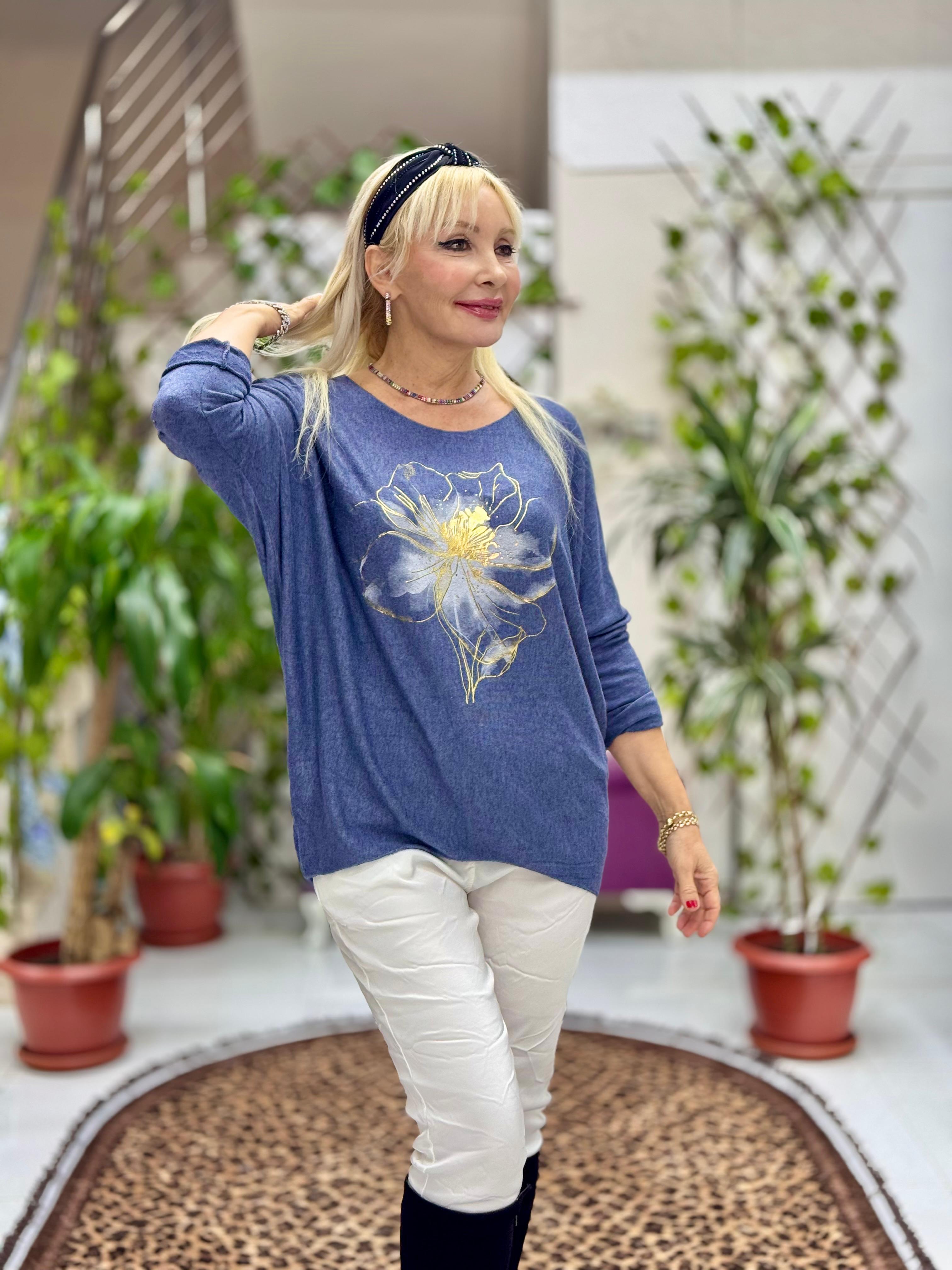 YG3003 Çiçek Baskılı İtalyan Triko Bluz Mavi