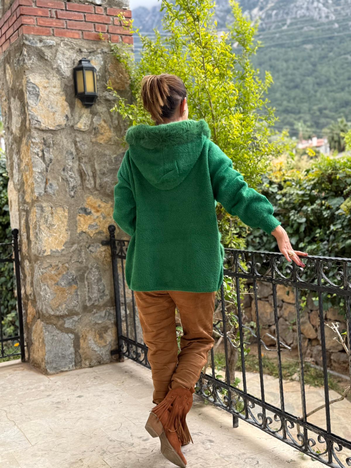 N33035 Abrigo Angora Con Capucha Y Bolsillos Crema