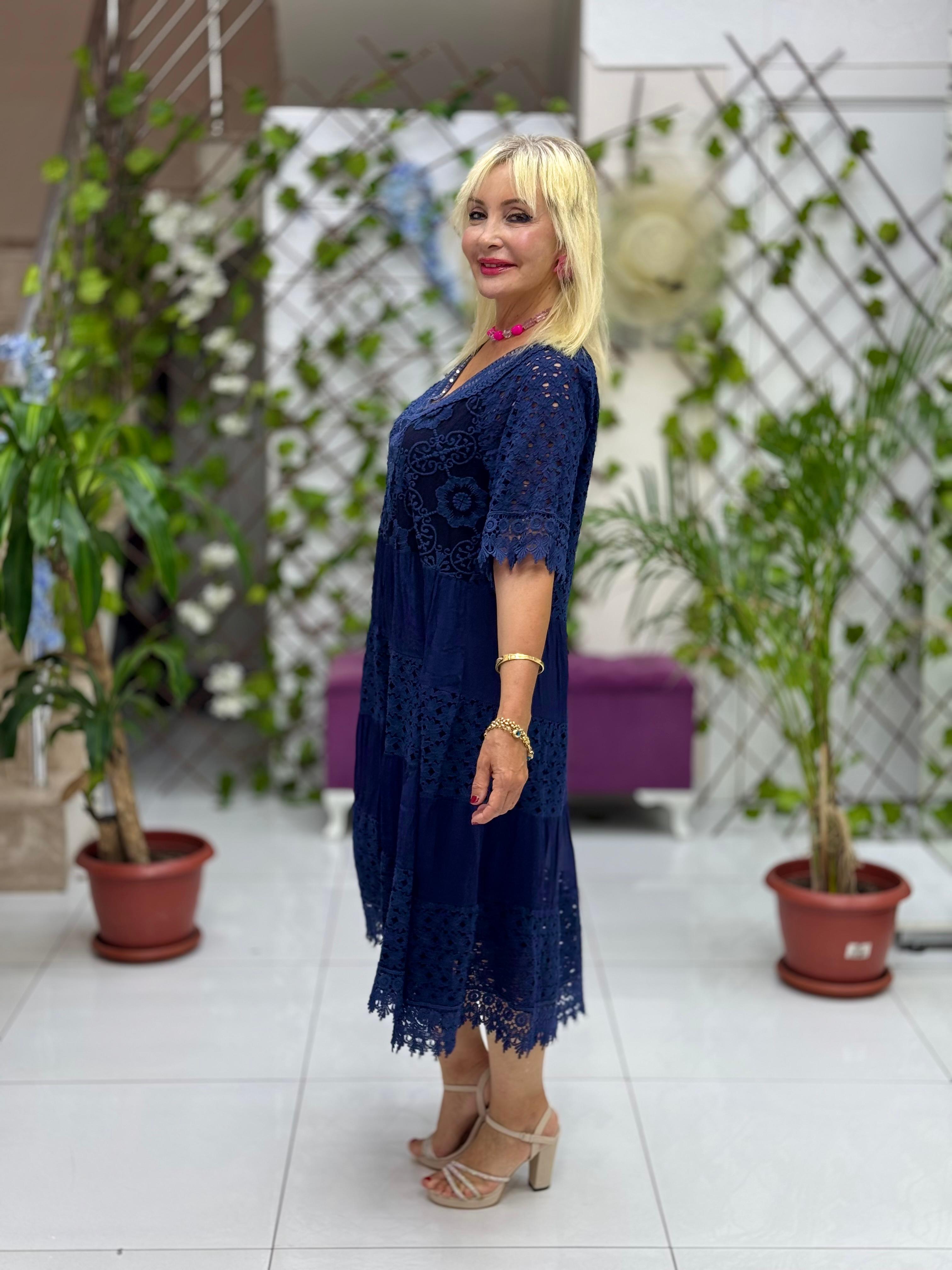 NC10938 İtalyan Pul Payetli Yarım Kol Midi İpek Elbise Lacivert