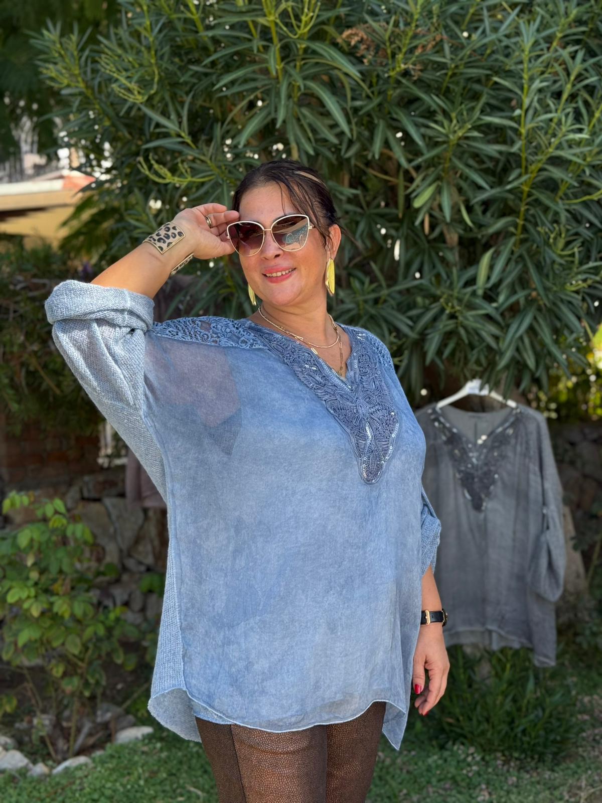 NC1868 Pul Payetli Omuz Dantelli İpek Triko İtalyan Bluz Mavi