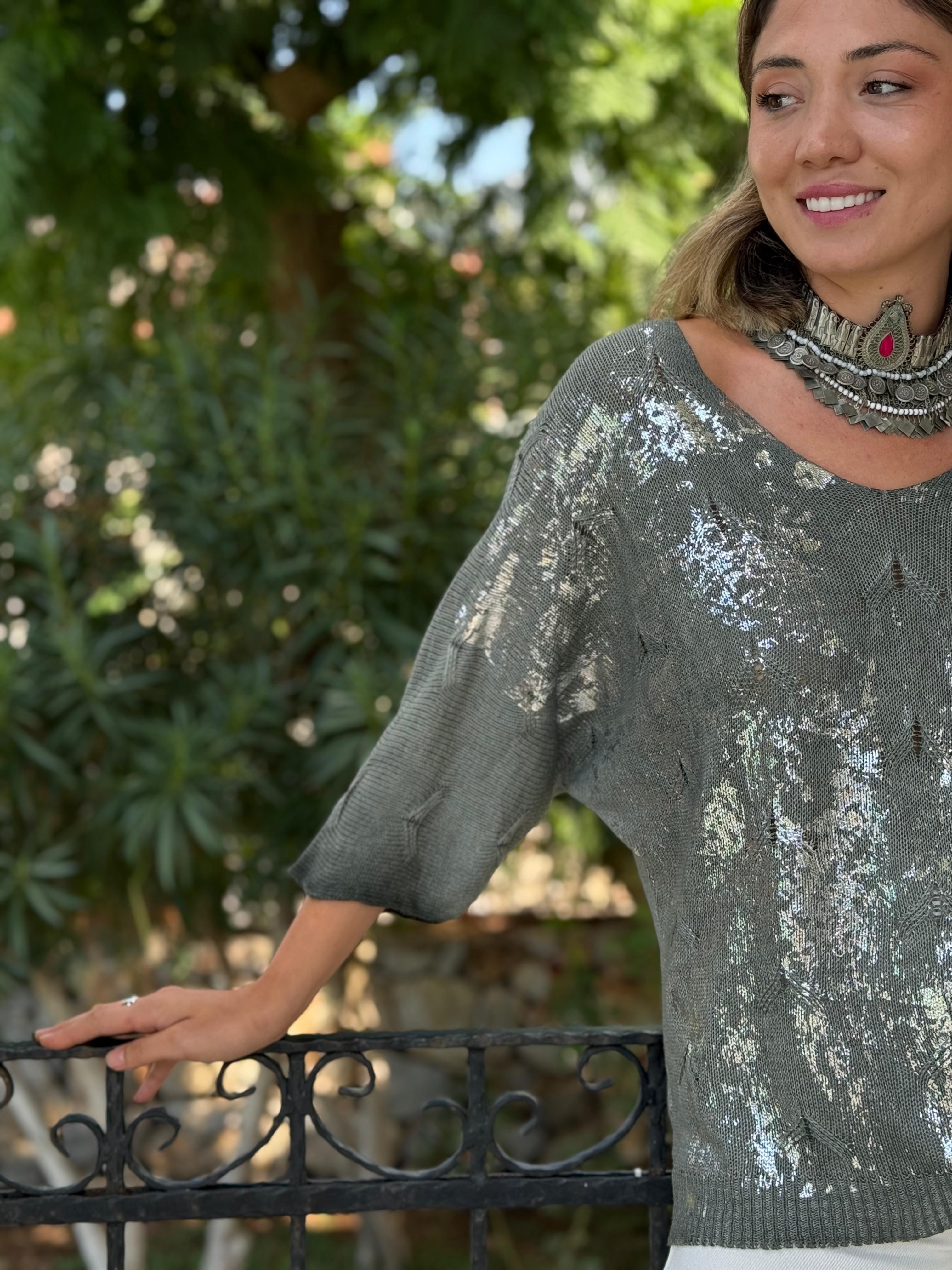 NC6016 İtalyan Fakir Kol Baskılı İnce Triko Bluz Haki