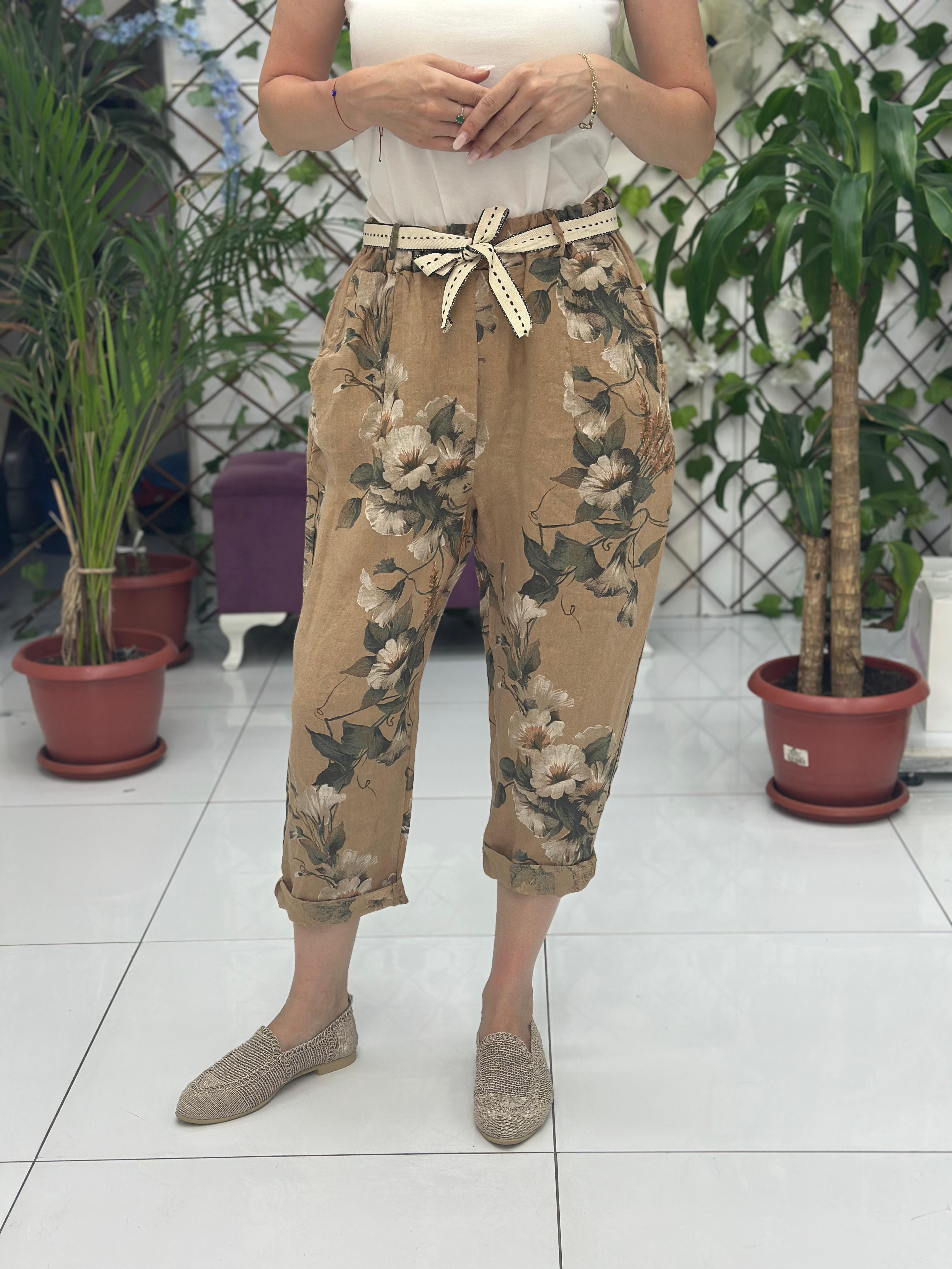 NC7232 İtalyan Yüksek Bel Keten Bilek Pantolon Camel