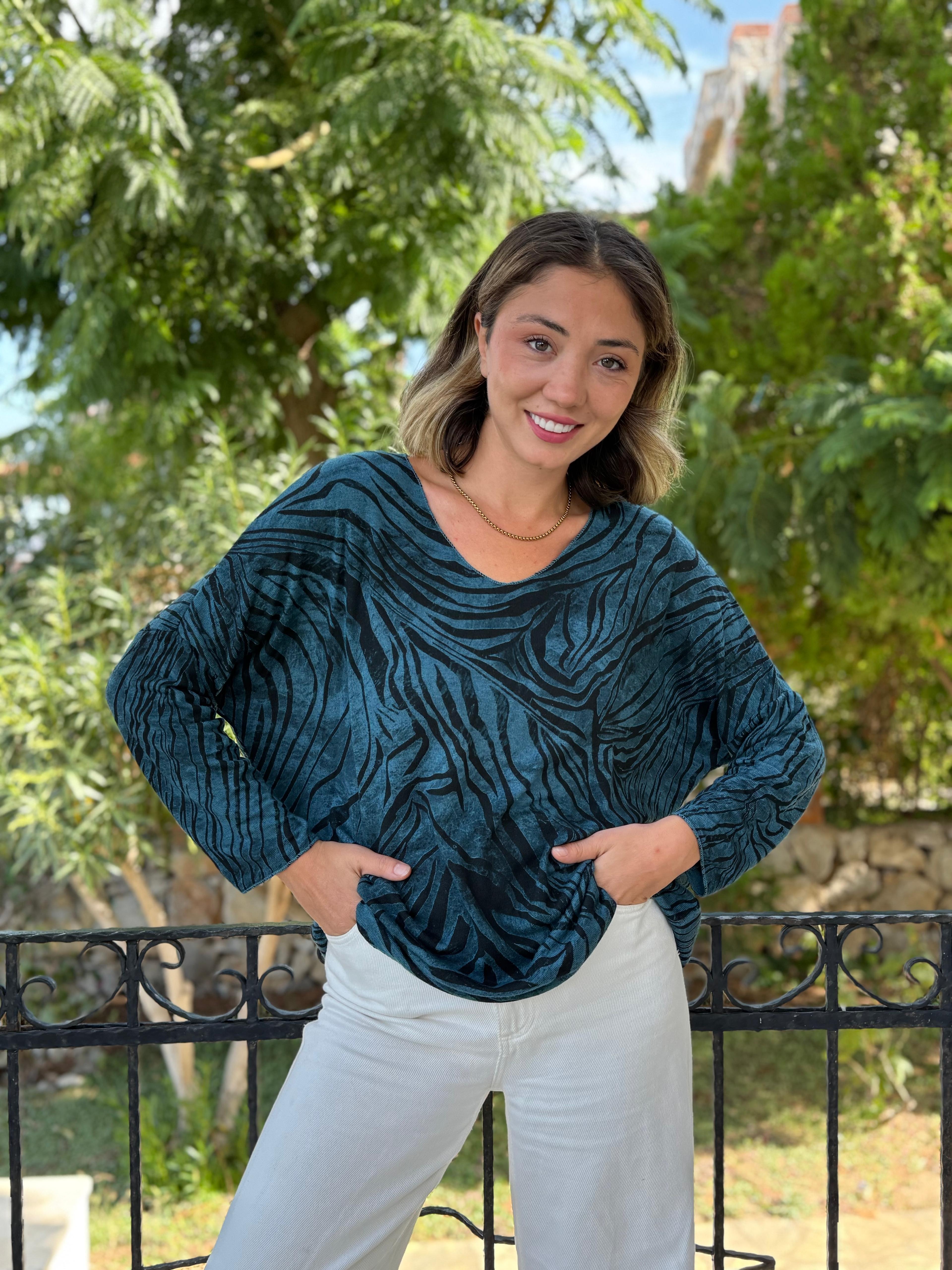 NC11285 İtalyan V Yaka Zebra Desenli Triko Bluz Petrol