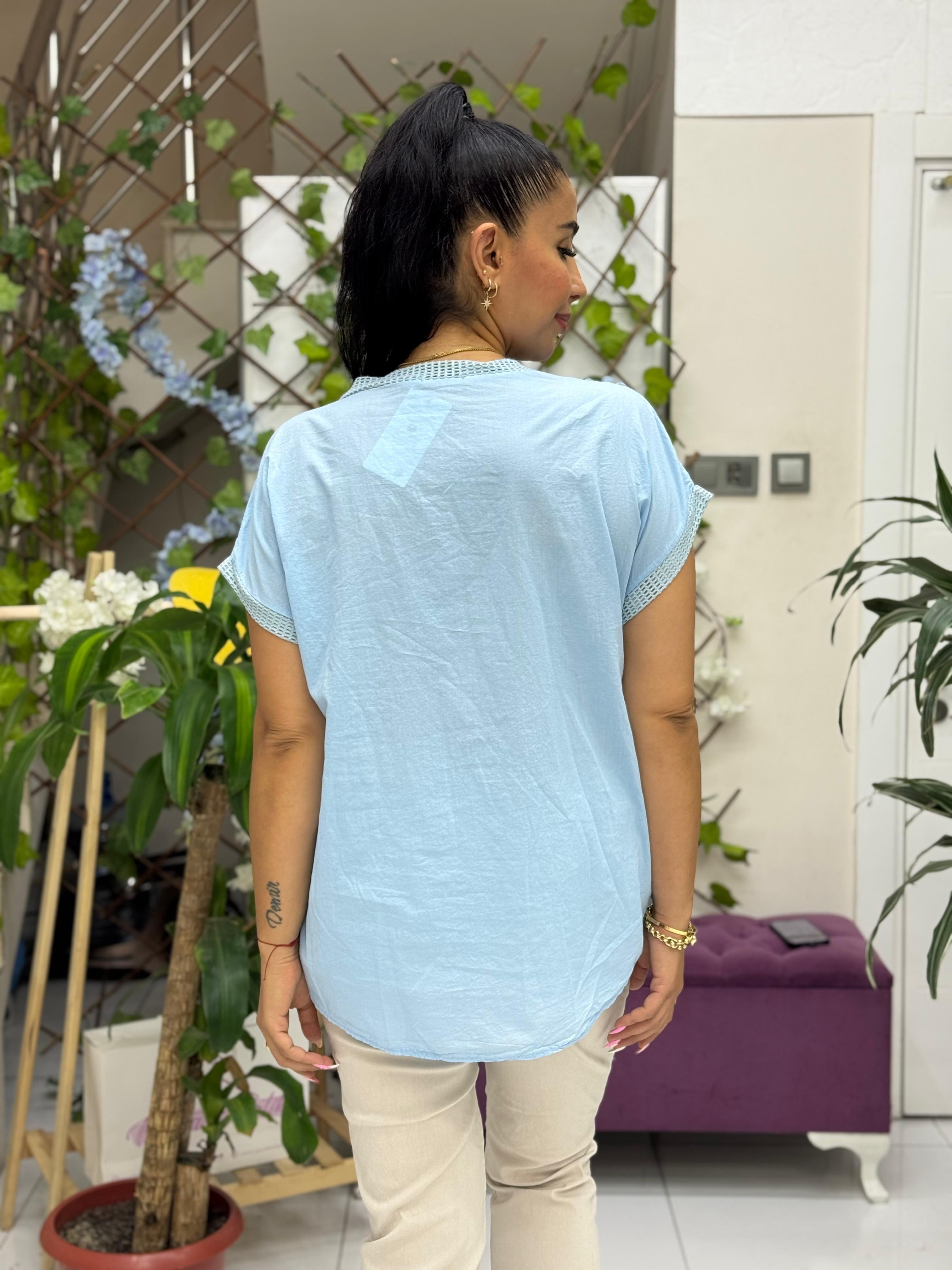 NC25043 İtalyan Nakışlı Cepli Coton Bluz Bebe Mavi