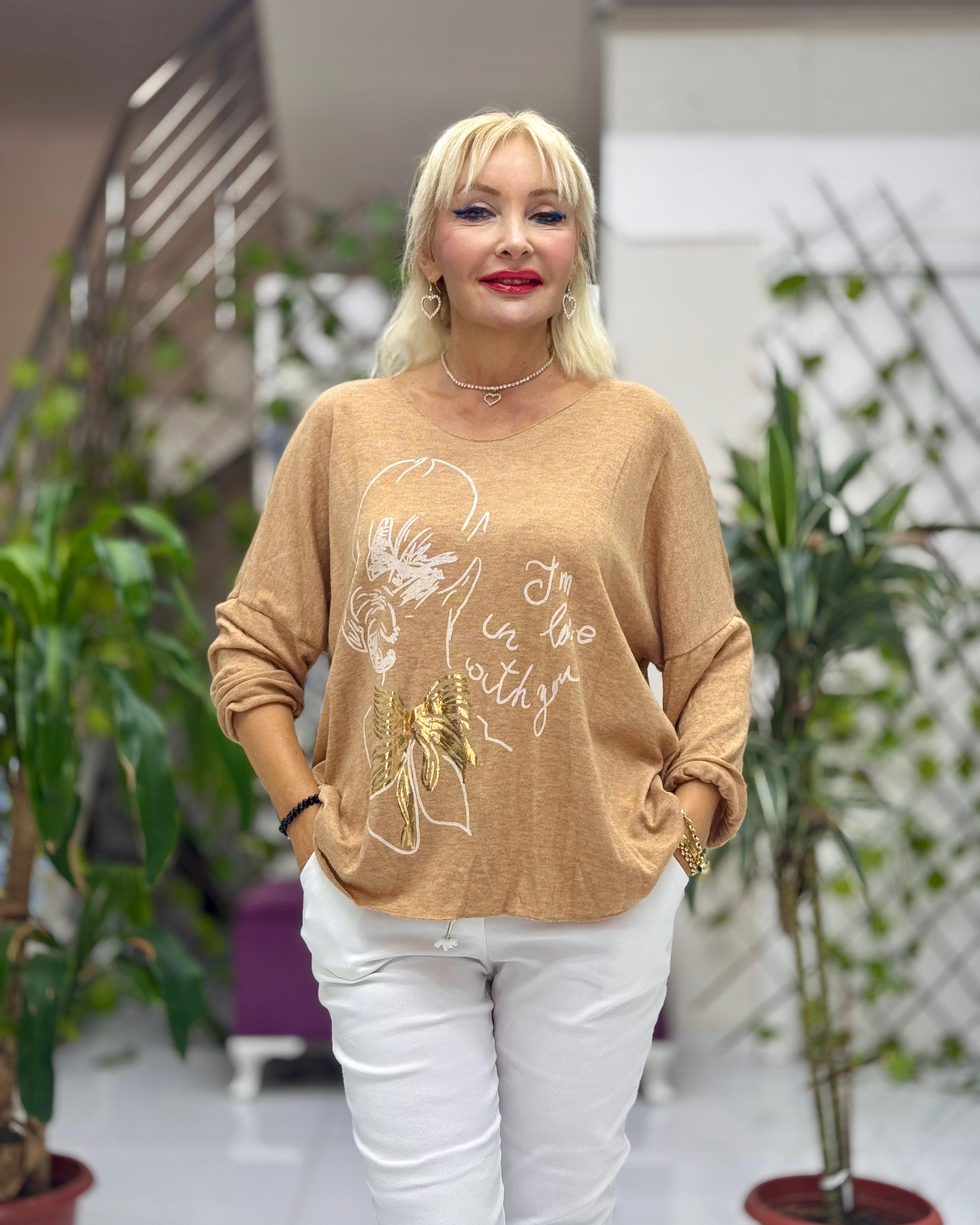 YG5810 Baskılı İtalyan Triko Bluz Camel