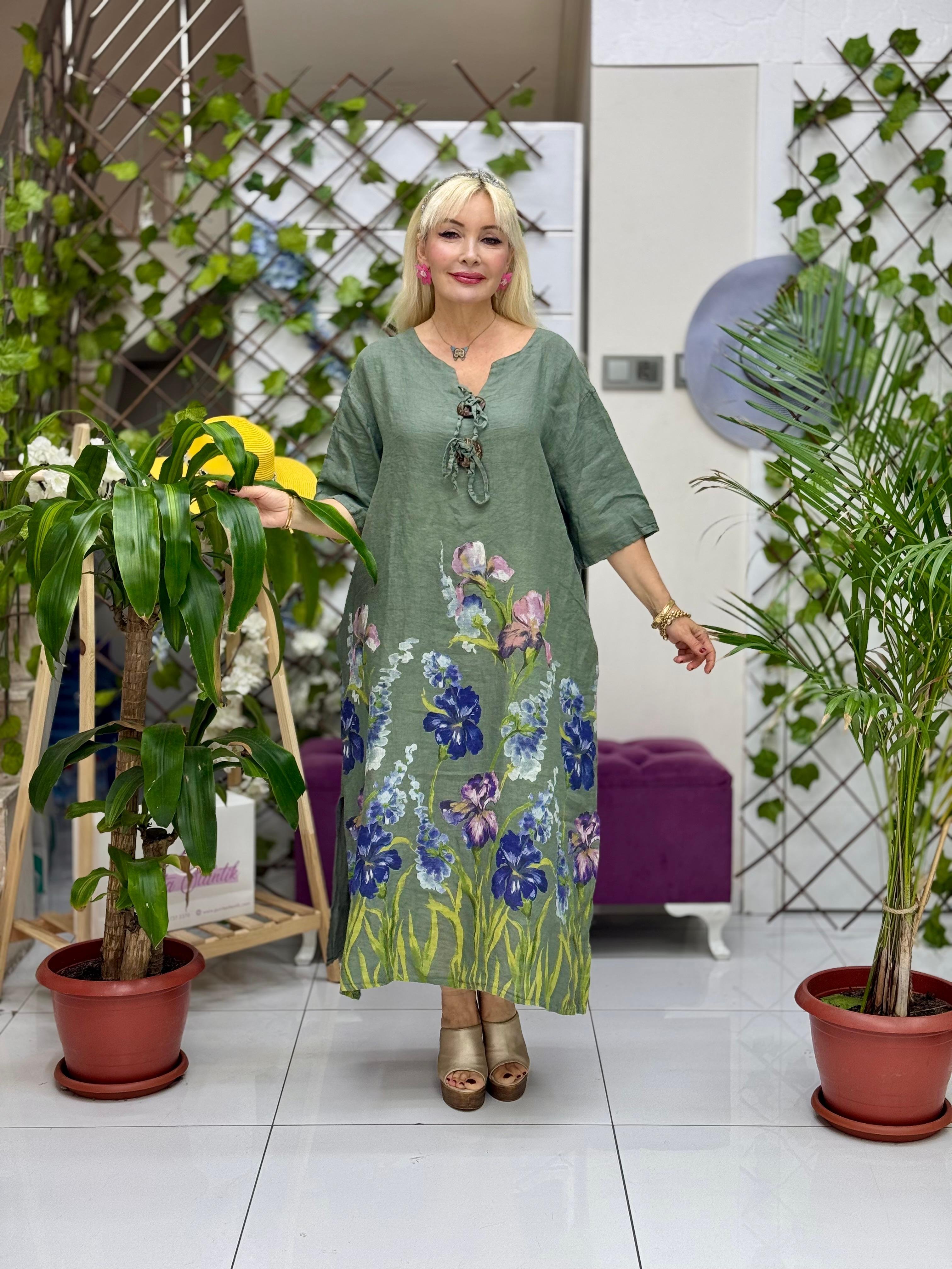 YG205060 Düğmeli Çiçekli Keten Elbise Haki