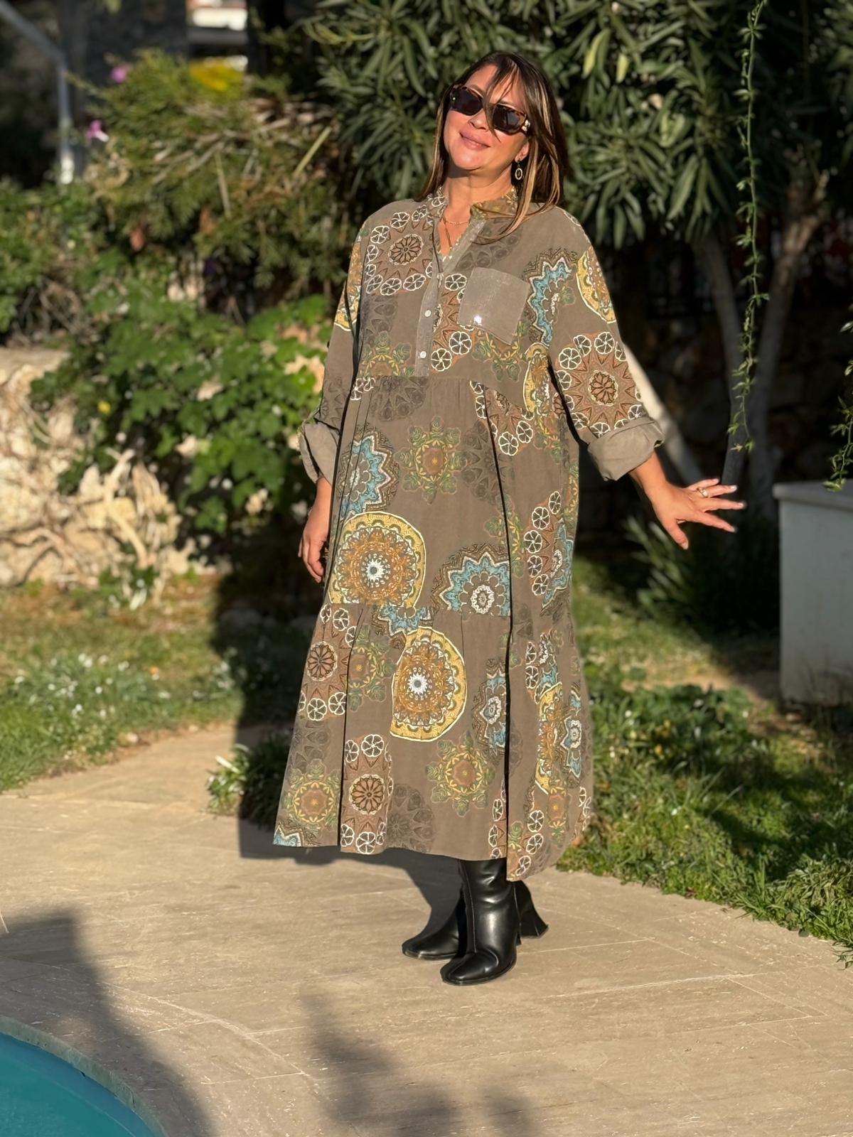 YG12573 Mandala Desen İtalyan Kadife Elbise Haki