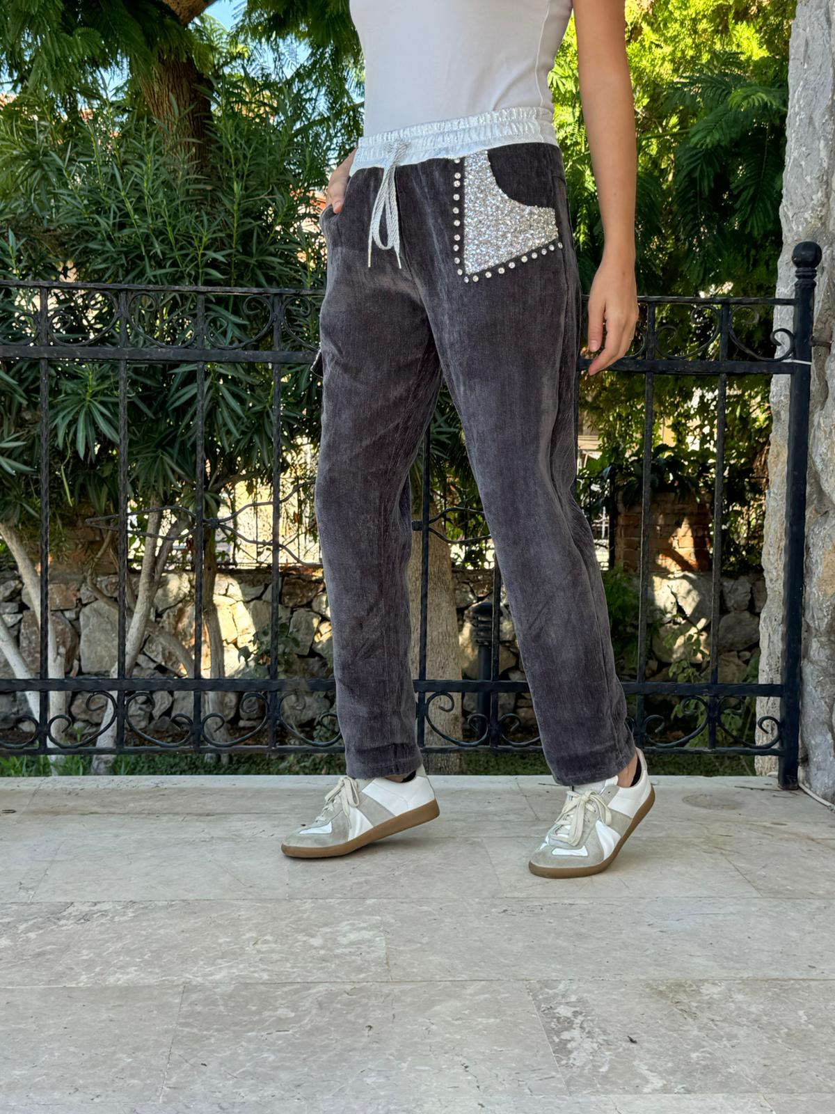 LS13220 İtalyan Cebi Taşlı Kadife Pantolon Füme