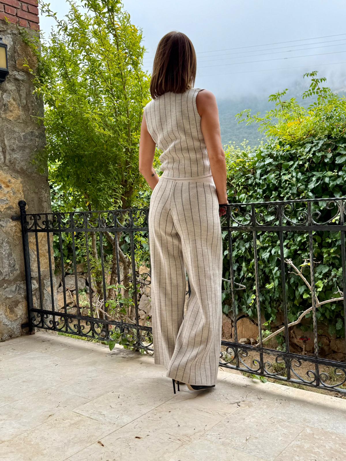 MT7312 Çizgili Yelek Pantolon Triko Takım Krem