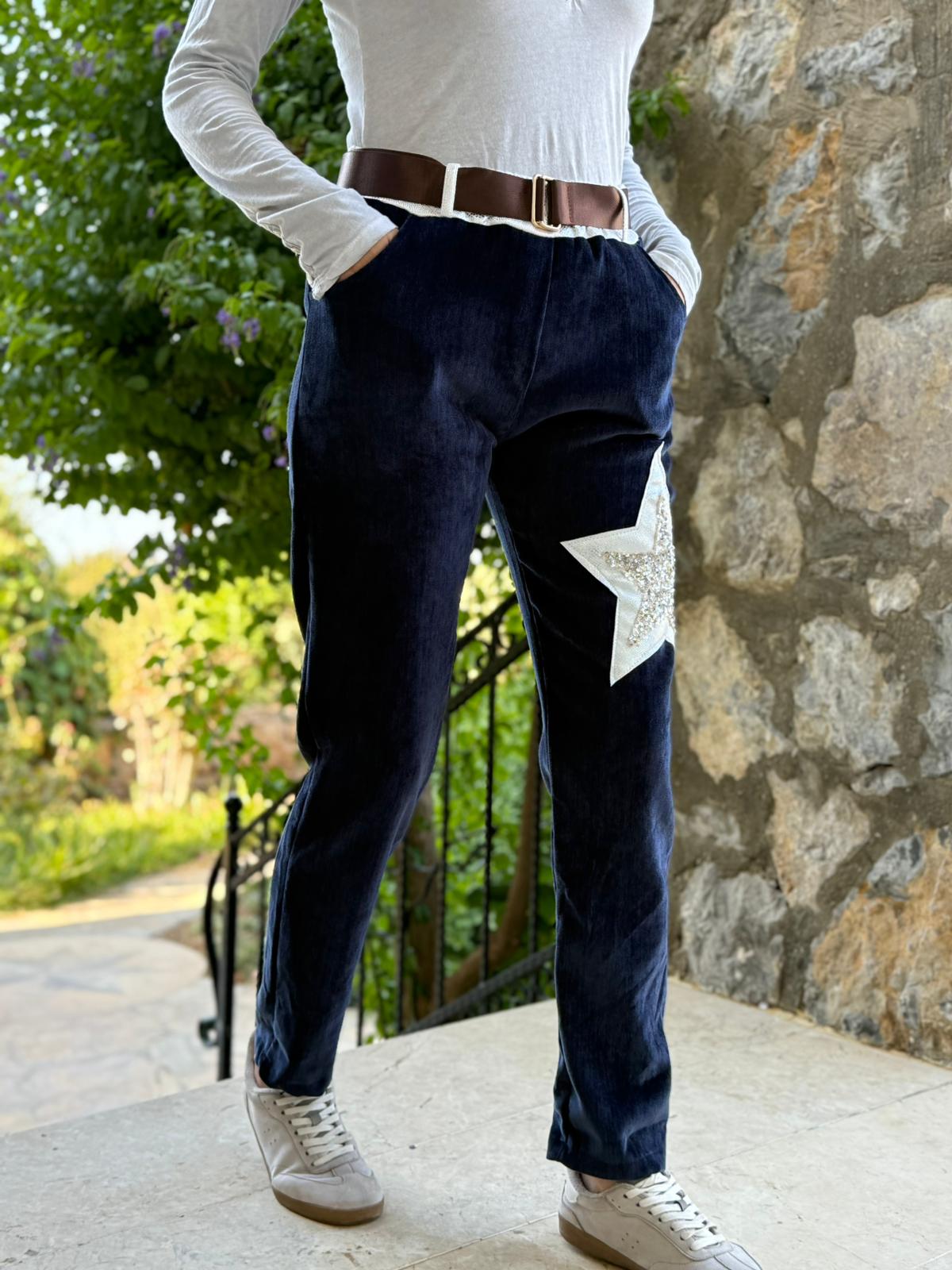 LS12520 İtalyan Yıldız Taşlı Kadife Pantolon Lacivert