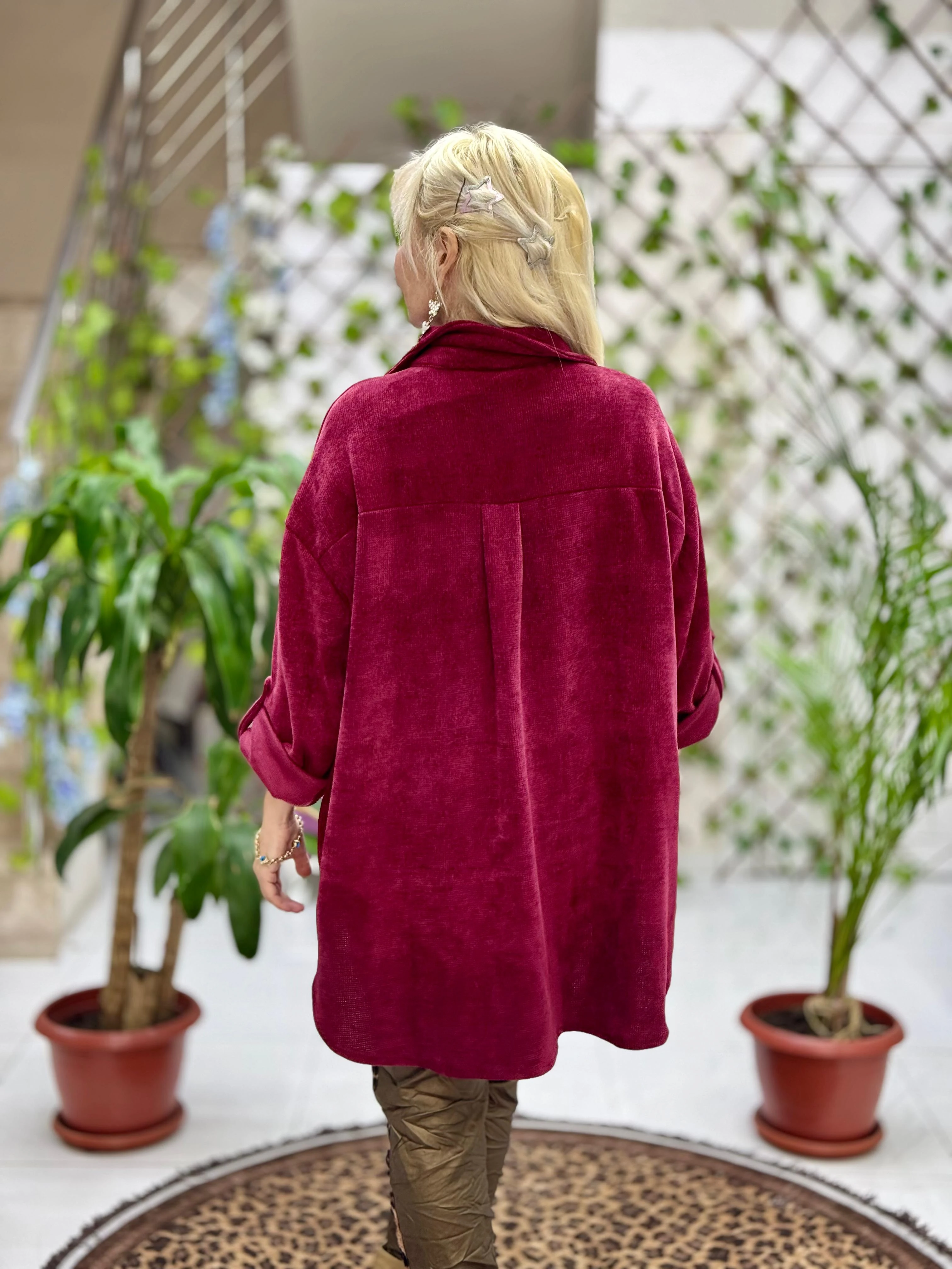 NC25198 Cep Leopar Detaylı Kadife Gömlek Bordo