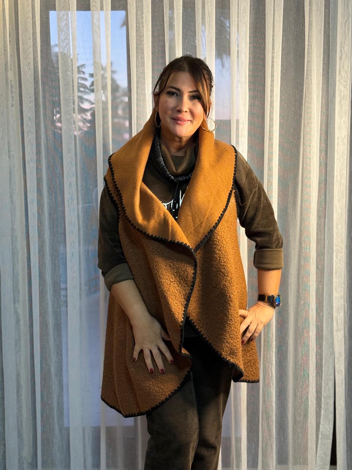 YG3698 Dökümlü İtalyan Buklet Yelek Kahve