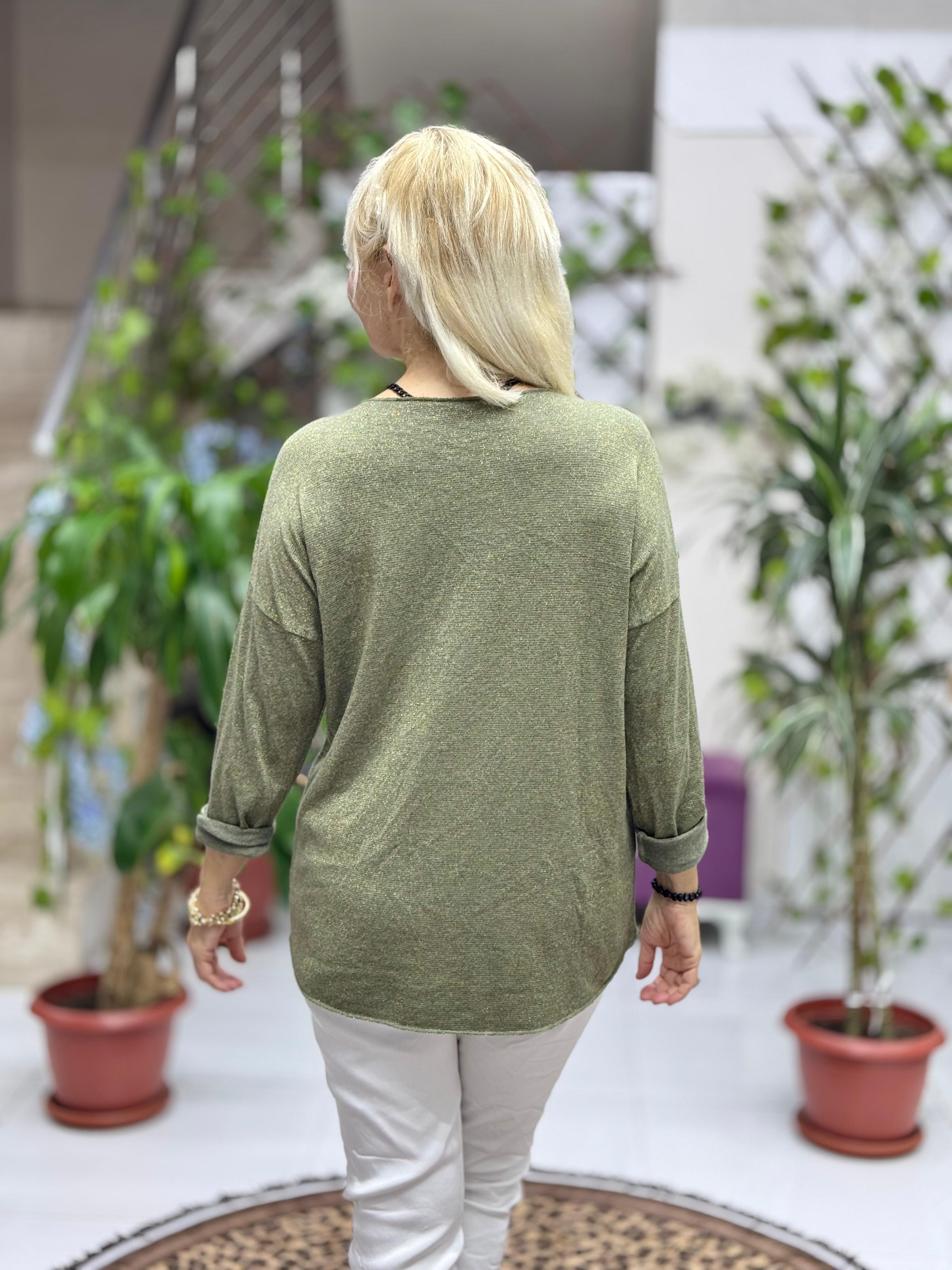 YG11773 Leopar Baskılı İtalyan Triko Bluz Haki