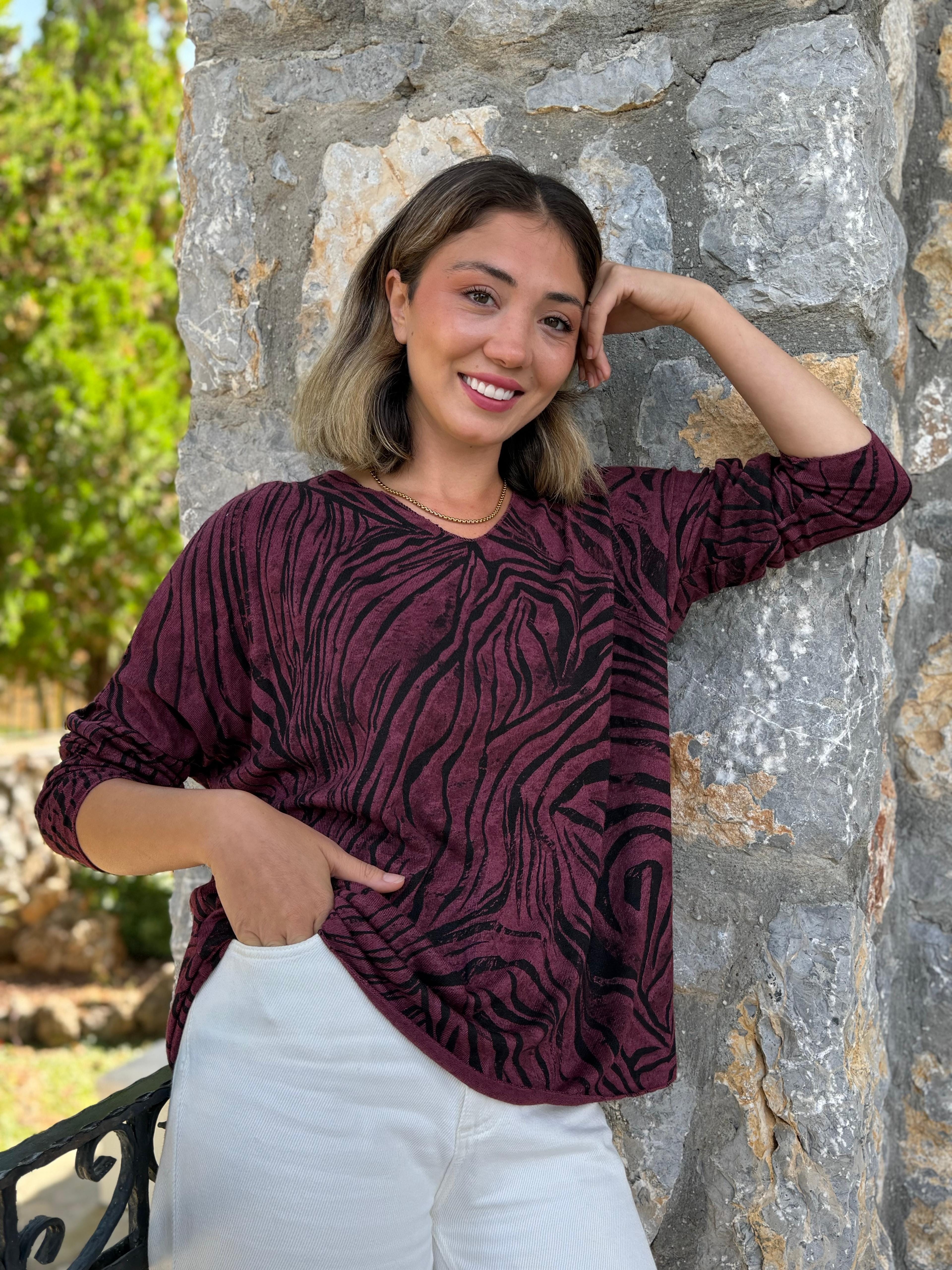 NC11285 İtalyan V Yaka Zebra Desenli Triko Bluz Vişne