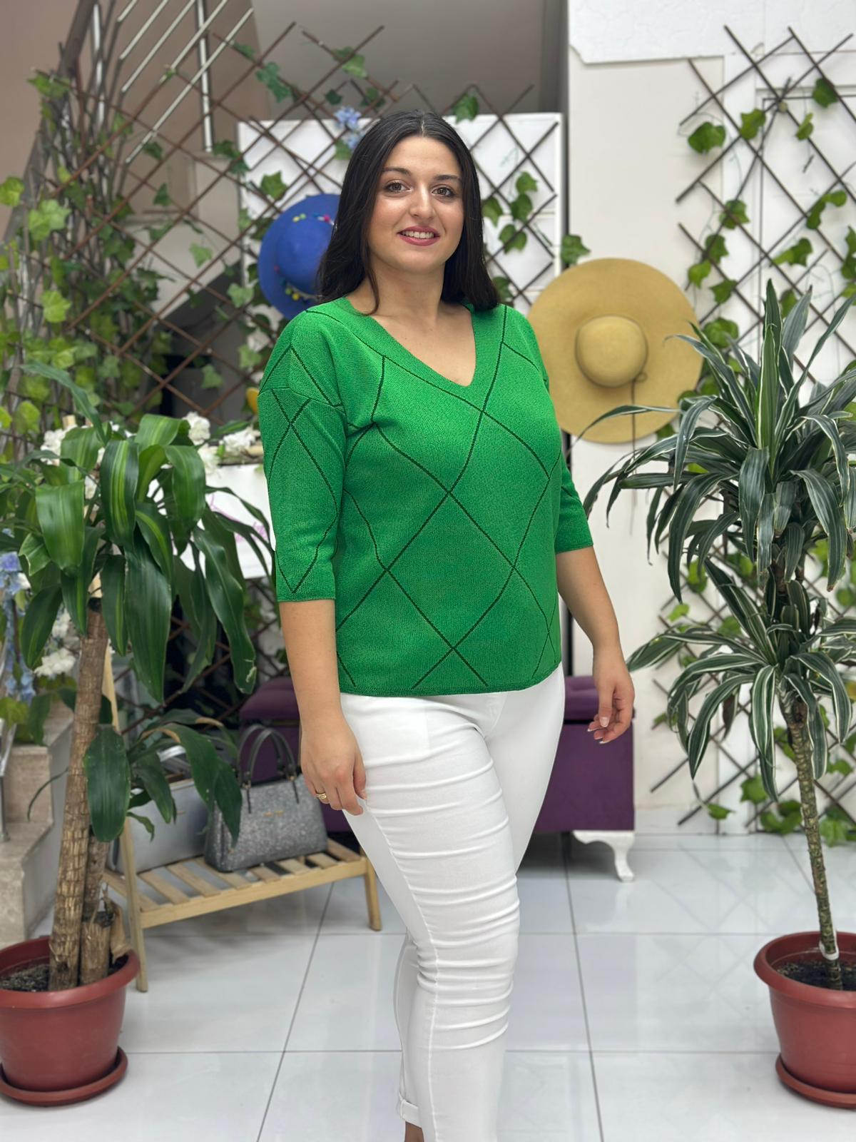 D12765 Zikzak Desen Triko Bluz Yeşil