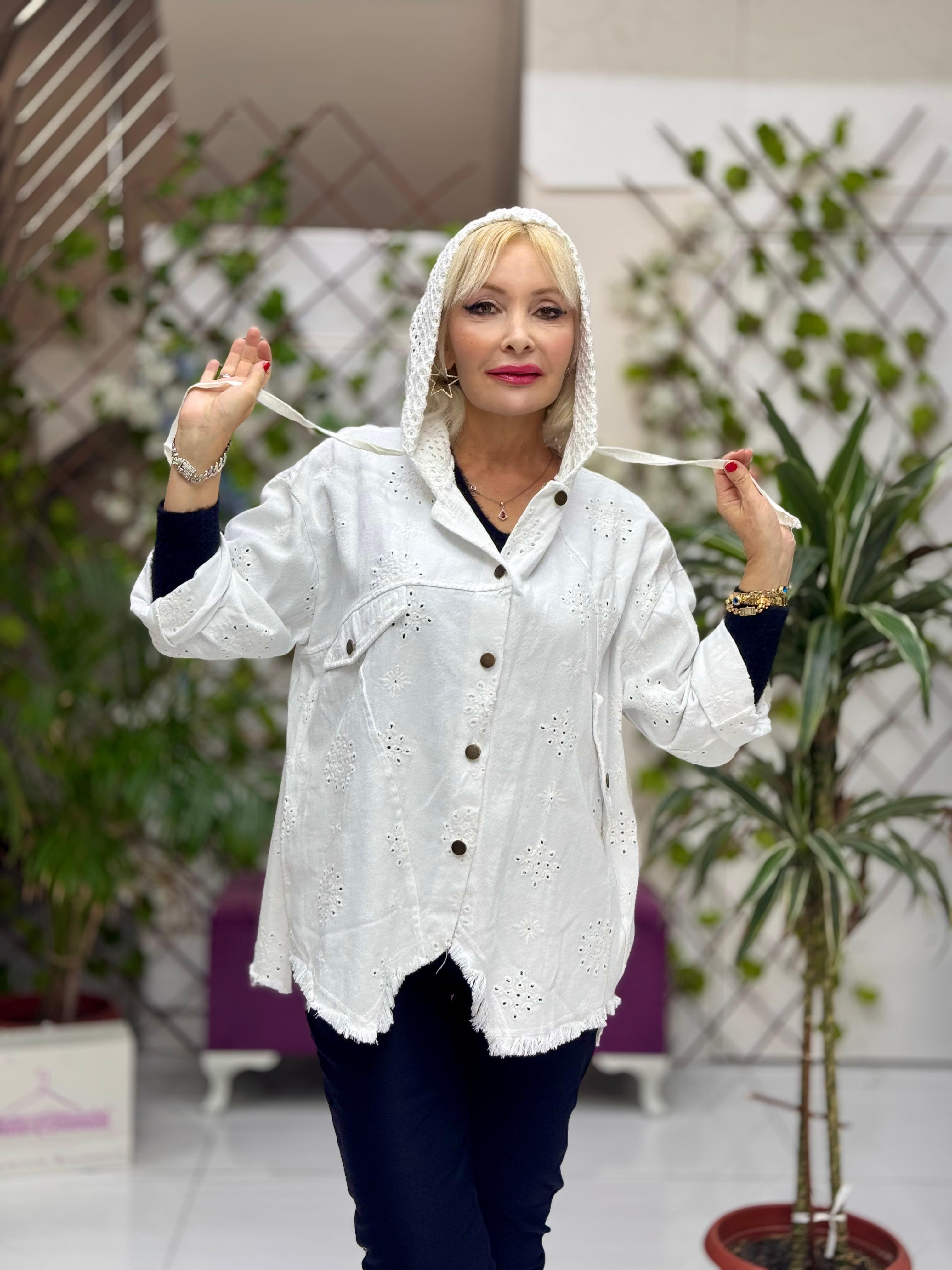 YG25068 Kapişonlu Güpürlü Düğmeli İtalyan Kot Ceket Beyaz