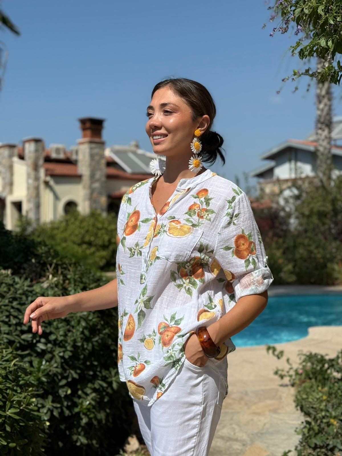 NC154553 İtalyan Pamuk Keten Bluz Beyaz