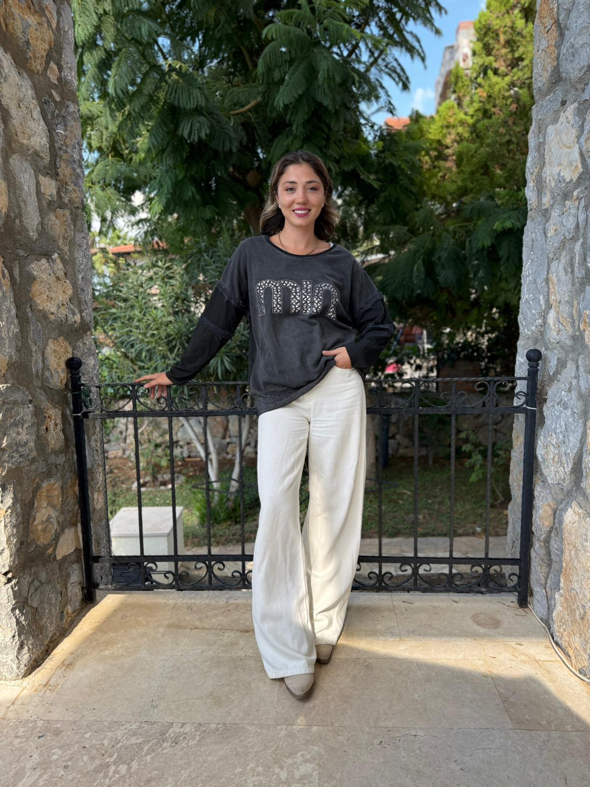 NC53659C İtalyan MIN Taşlı Coton Sweatshirt Siyah