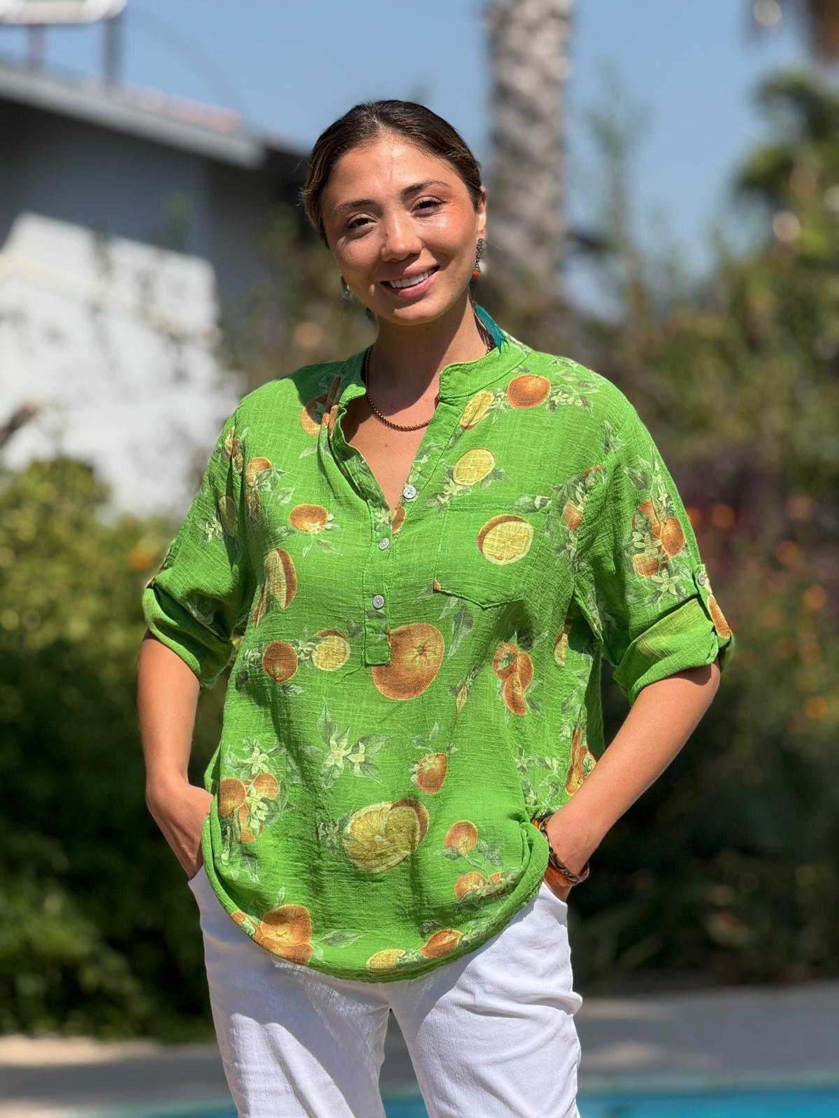 NC154553 İtalyan Pamuk Keten Bluz Yeşil