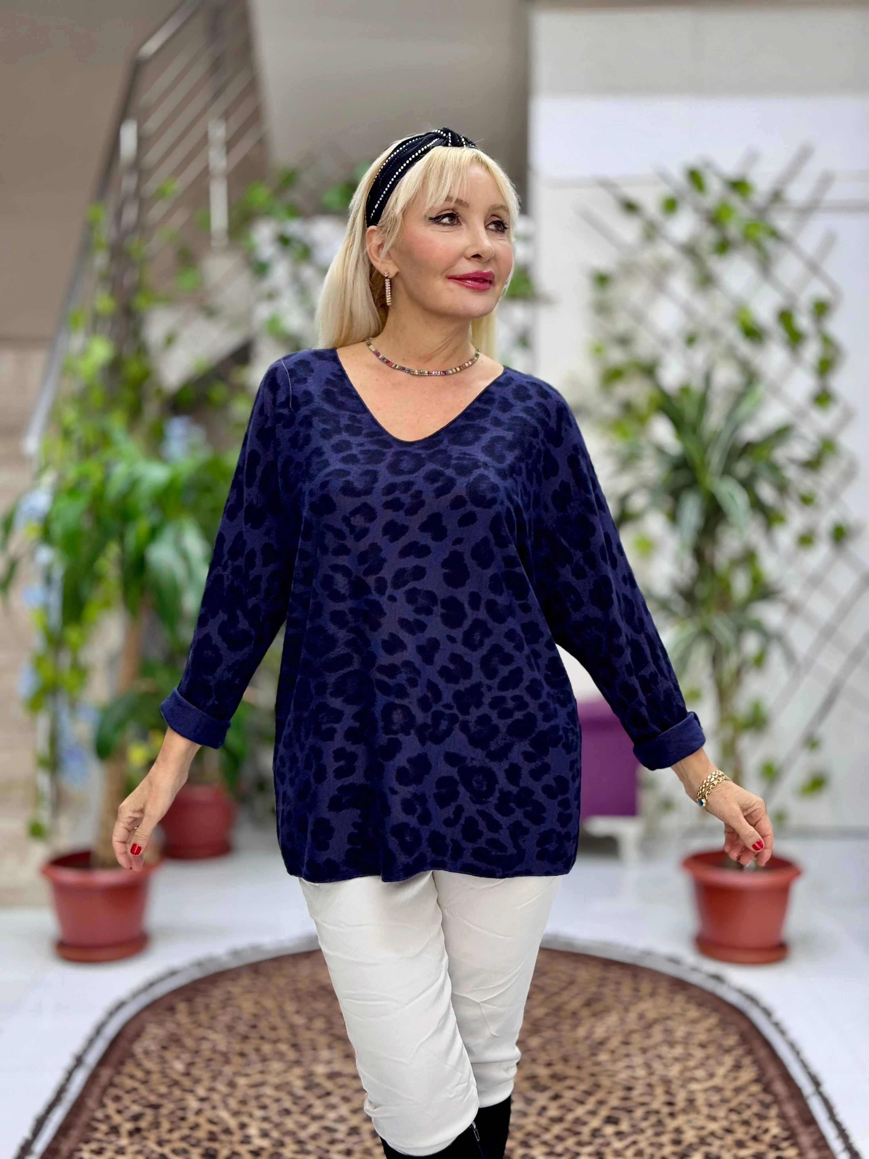 YG6266 Leopar Desenli İtalyan Triko Bluz Lacivert