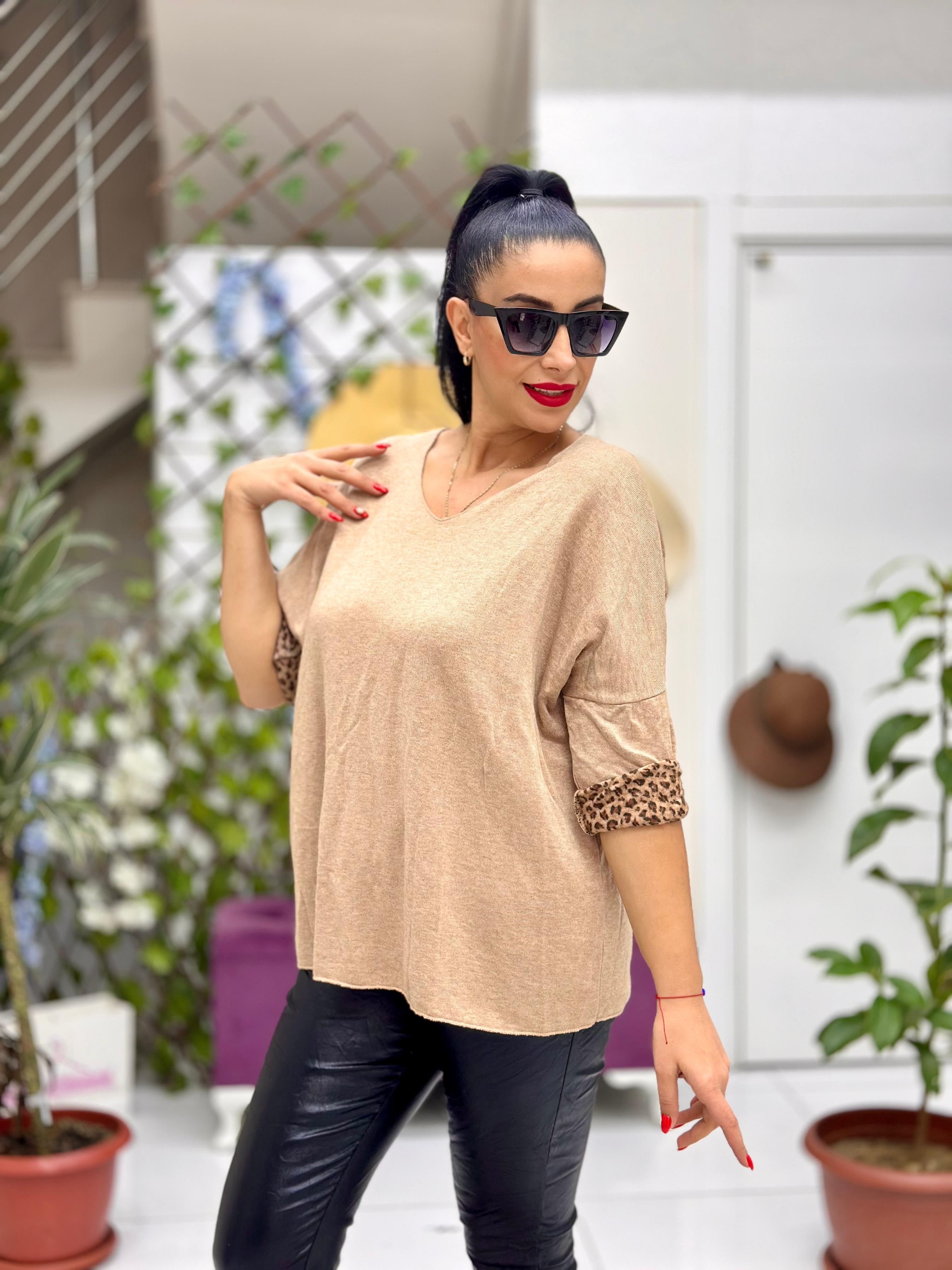 NC21812 İtalyan İçi Leopar Triko Bluz Camel