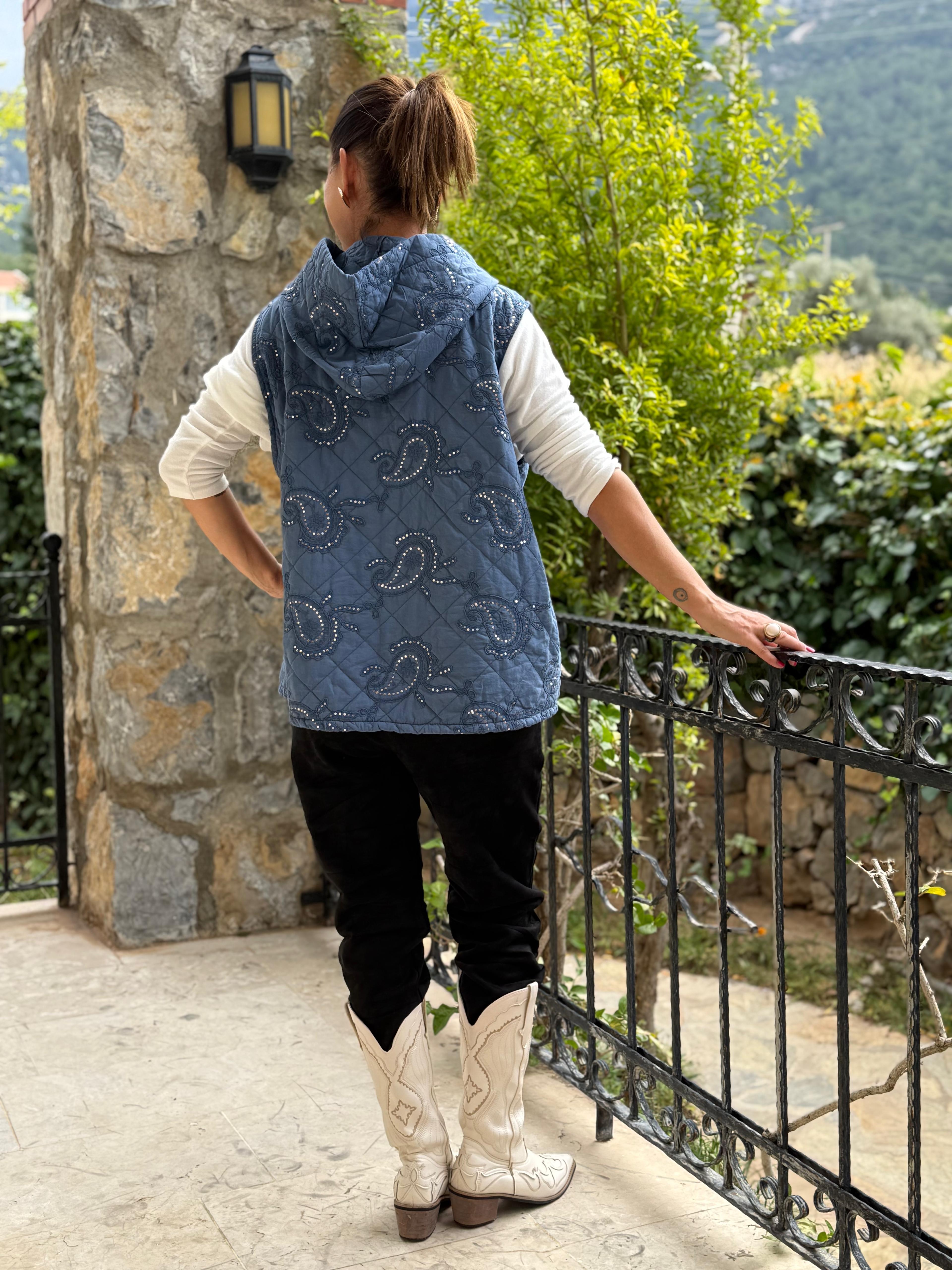 NC65588 Şal Desen Pullu Kapitone İtalyan Yelek Mavi