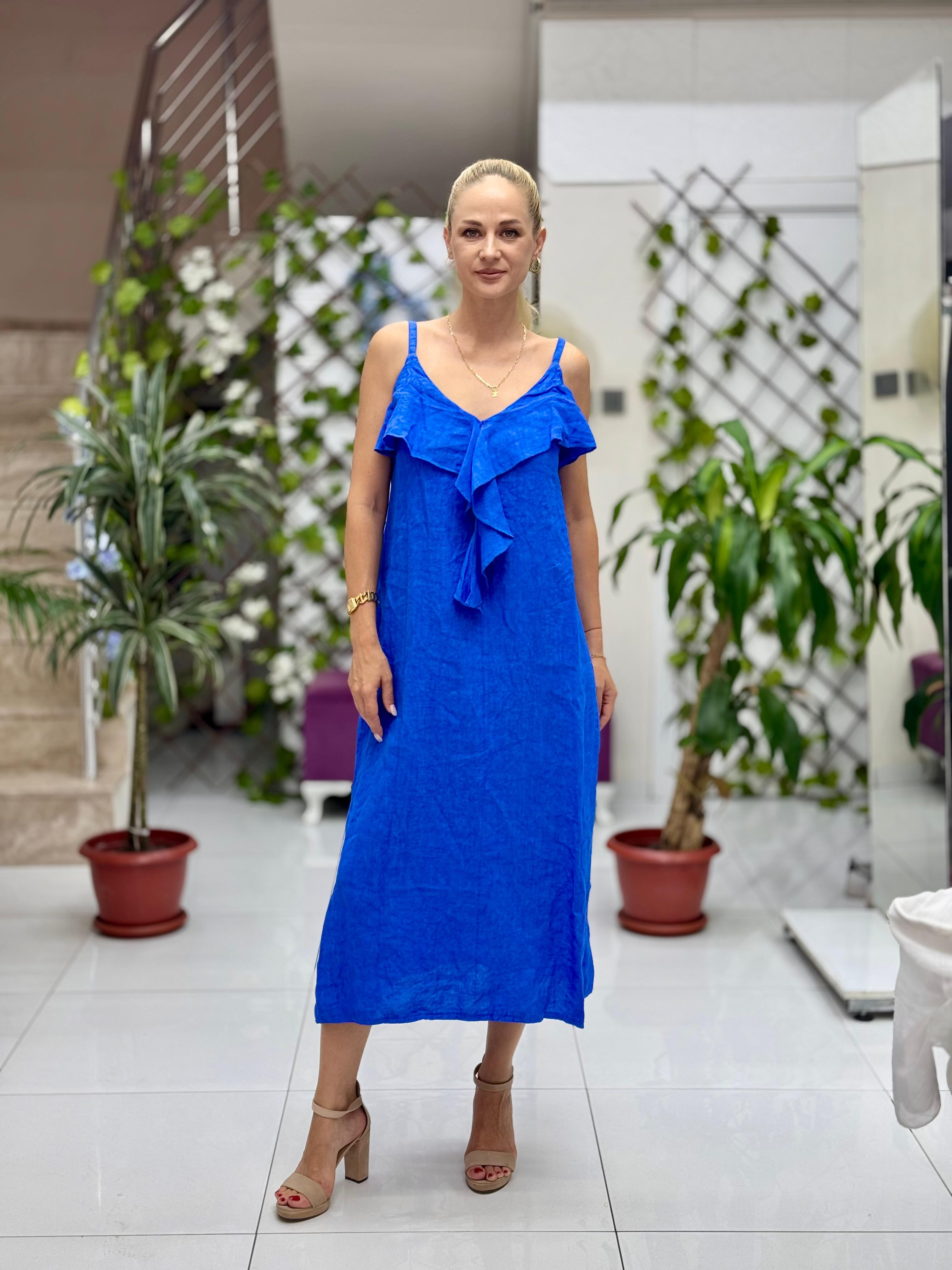 NC2132 İp Askılı Keten Önü Fırfırlı İtalyan Elbise Saks