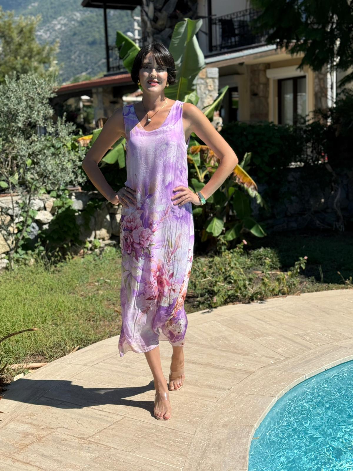 YG20641 İtalyan Çiçekli Askılı İpek Elbise Lila