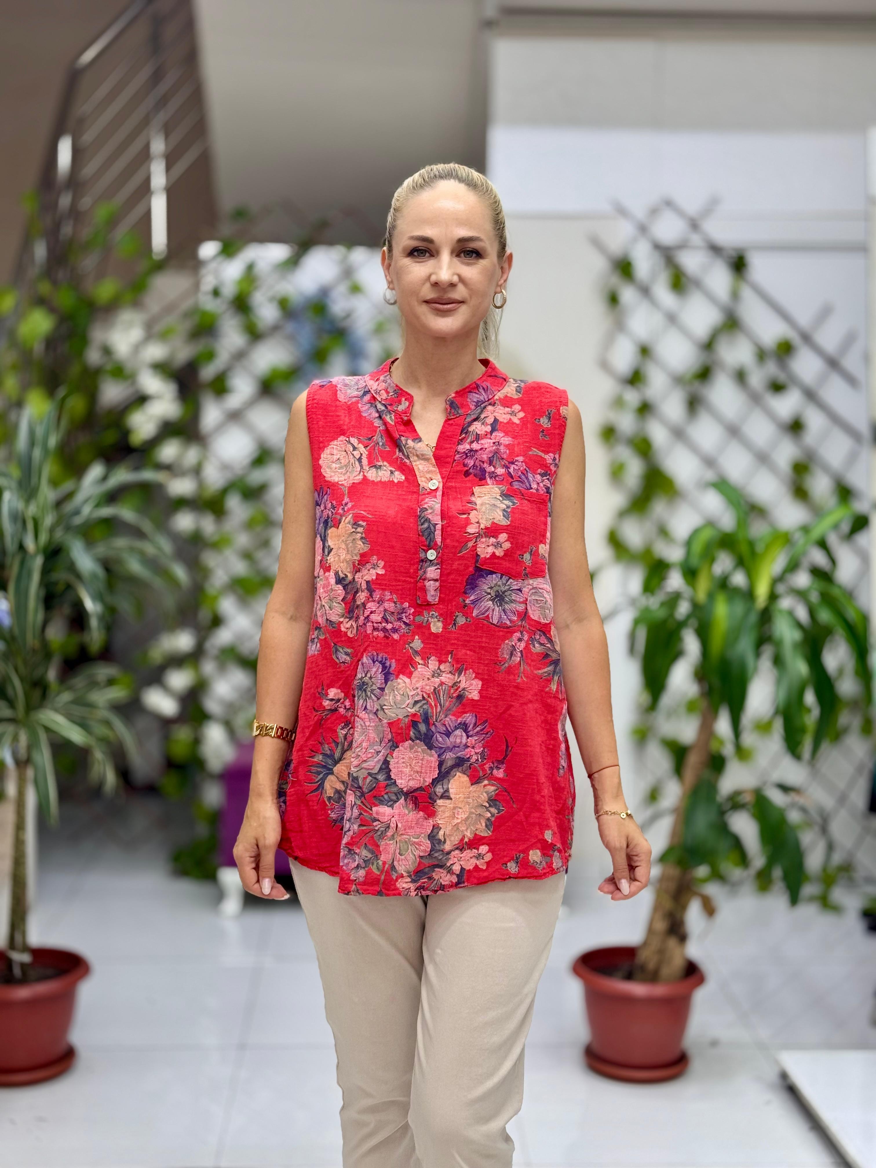 LS8819D Kolsuz Pamukketen Cepli İtalyan Bluz Kırmızı