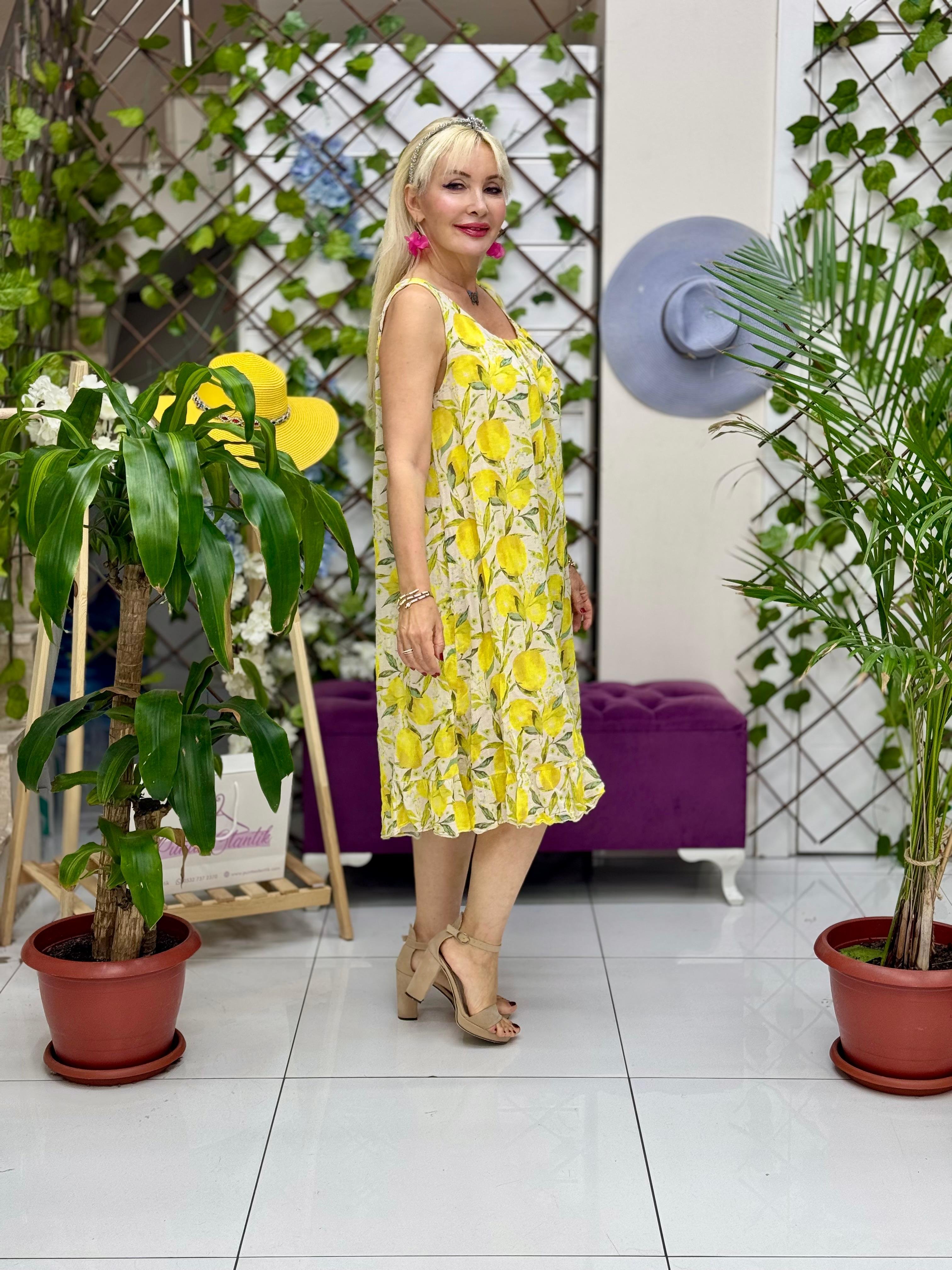 YG205030 İtalyan Coton  Limon Desen Elbise Krem