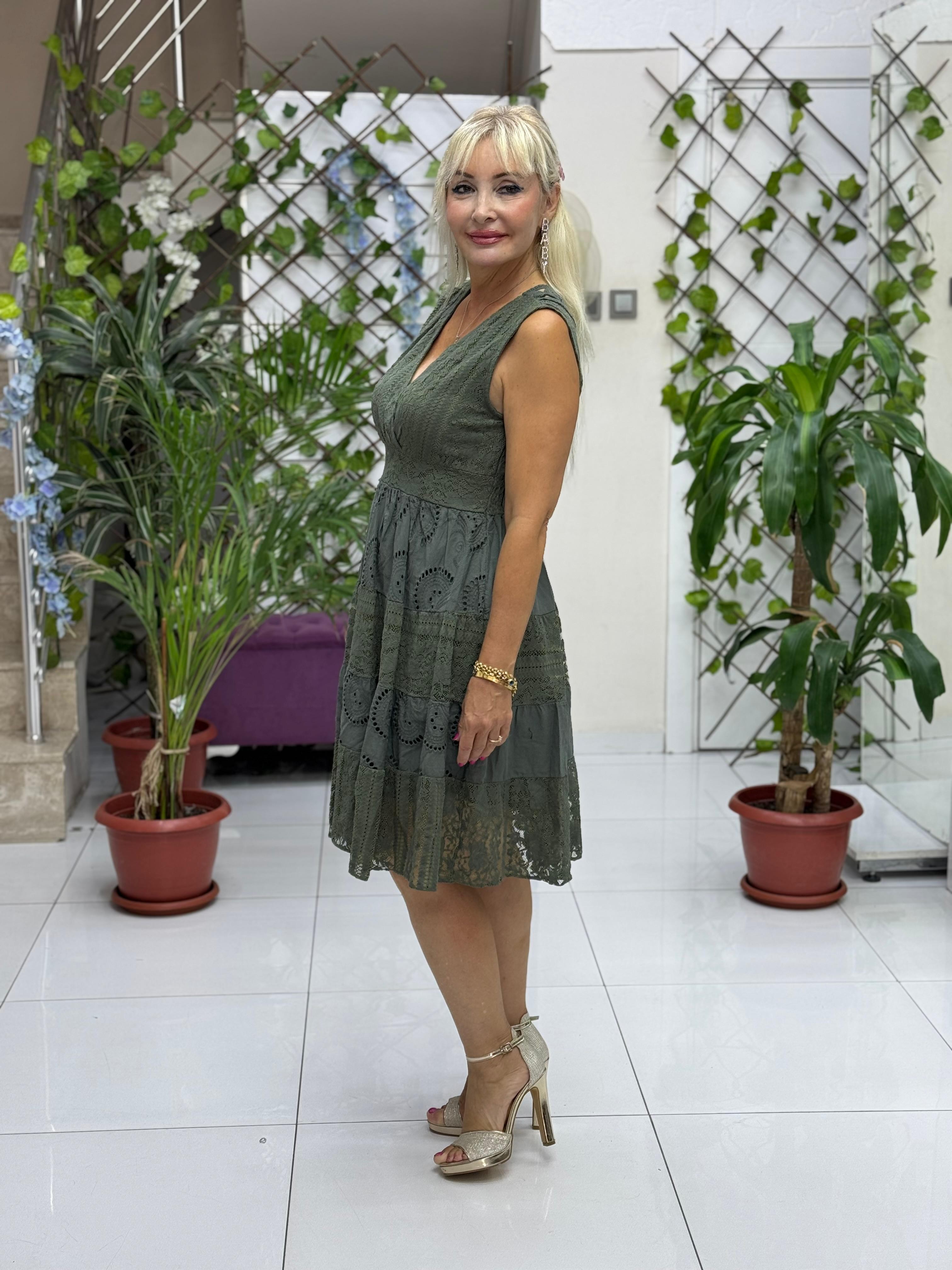 NC10143 İtalyan Askılı Dantelli Coton Elbise Haki