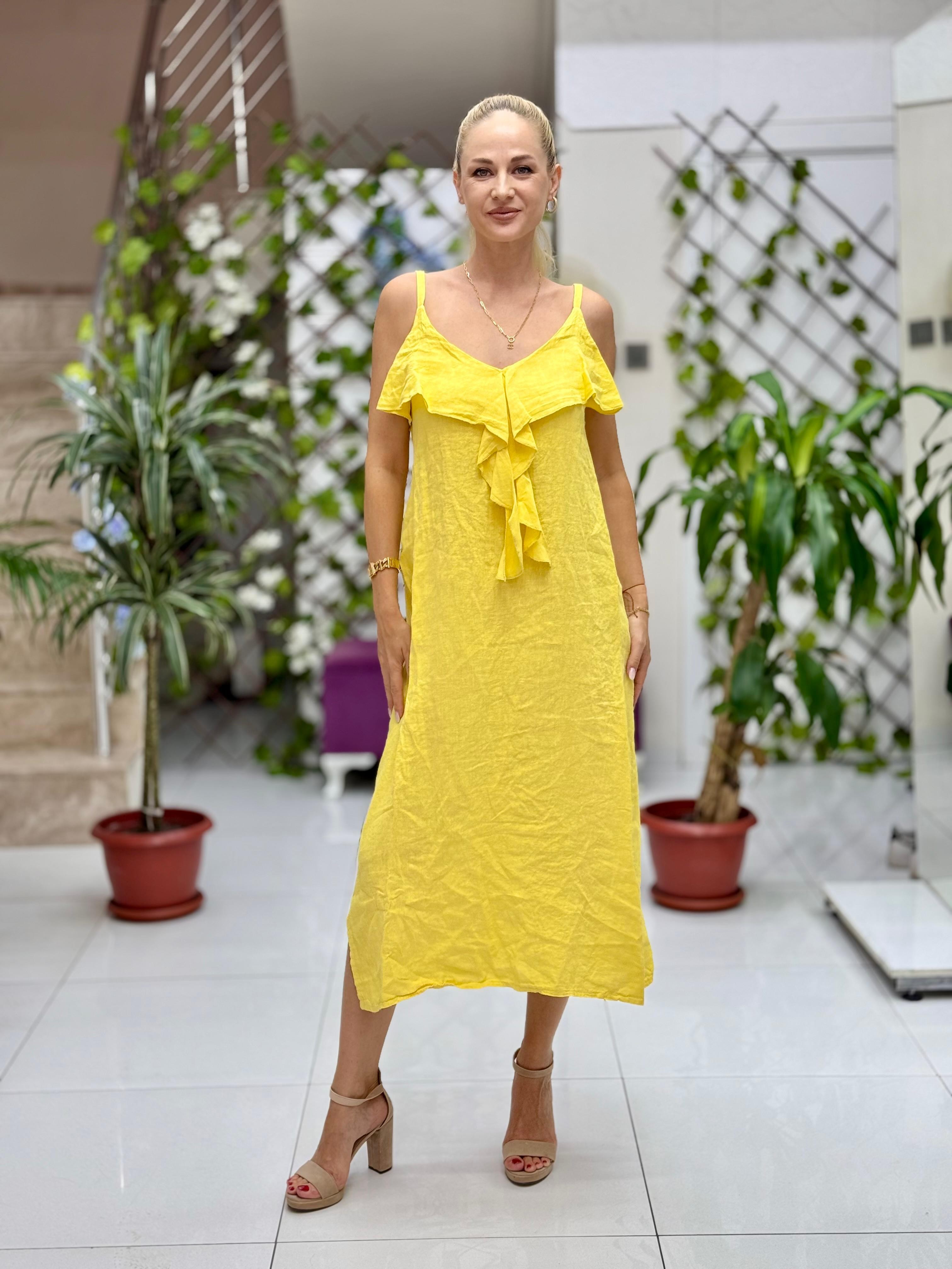 NC2132 İp Askılı Keten Önü Fırfırlı İtalyan Elbise Sarı
