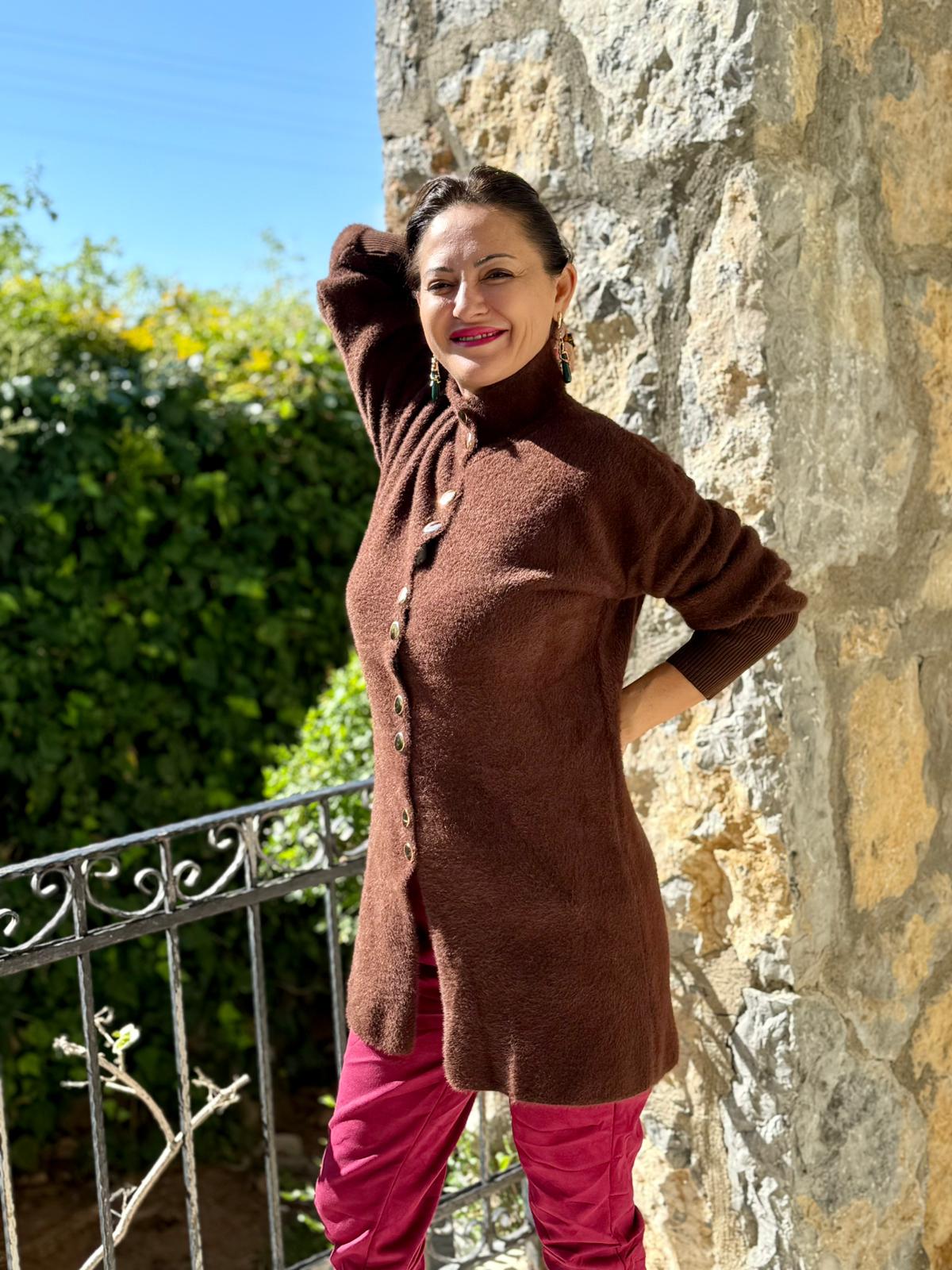 NC4079 Boydan Düğmeli Yün Kısa Hırka Kahverengi