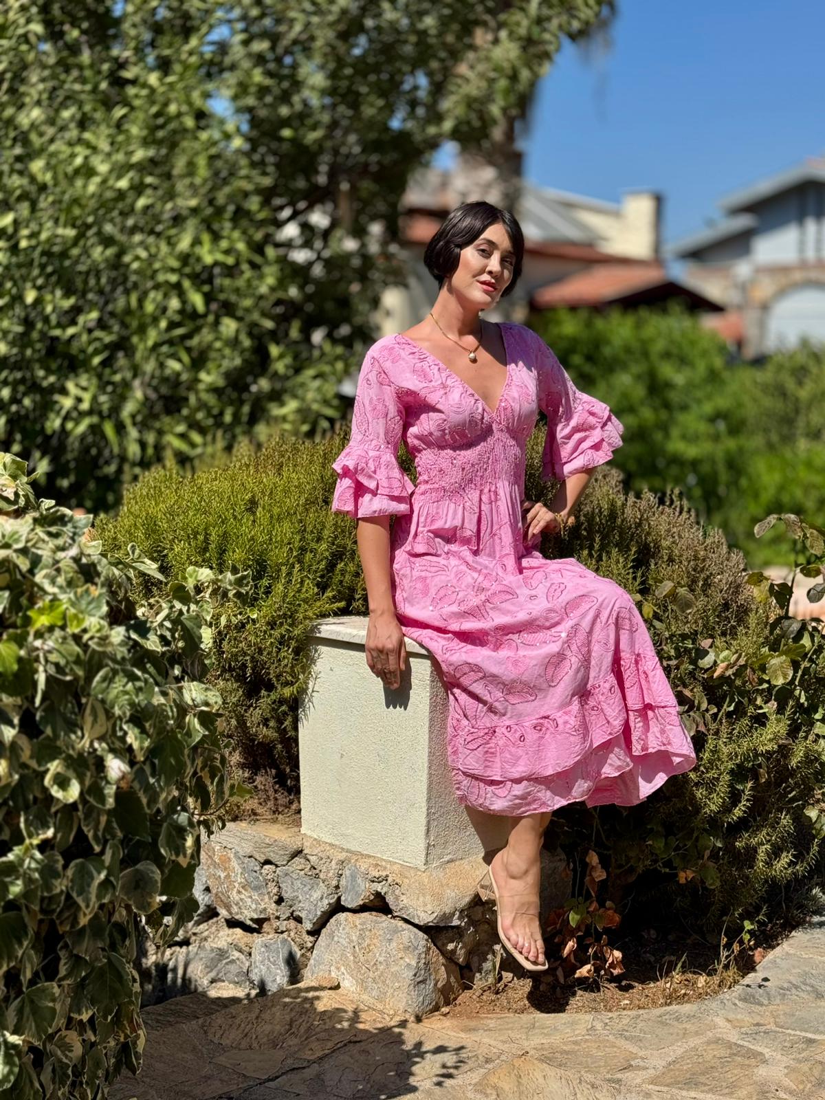 NC10995 İtalyan Pul Payetli Beli Lastikli Coton Elbise Pembe