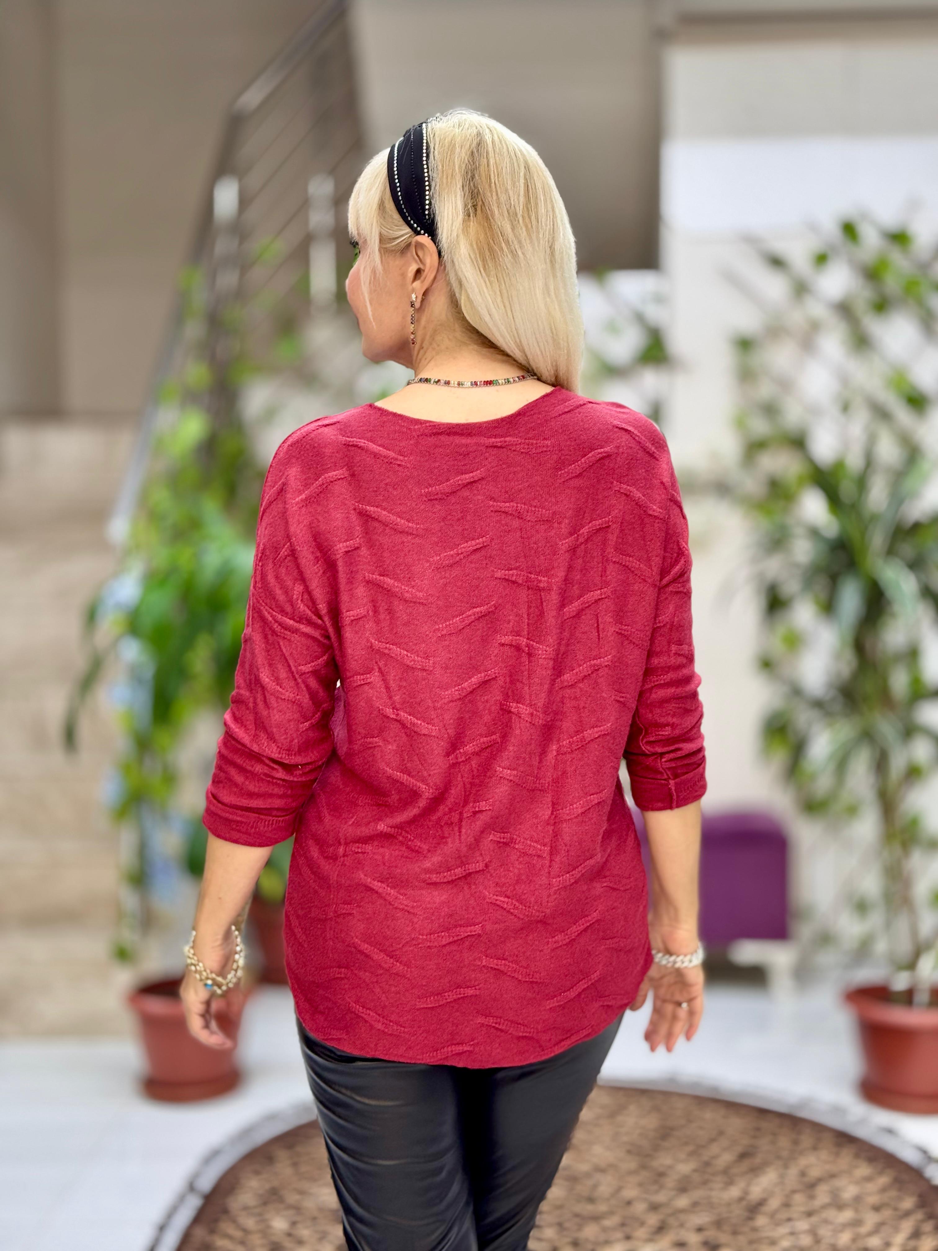 YG11716 Leopar Baskılı Kendinden Desenli İtalyan Triko Bluz Bordo