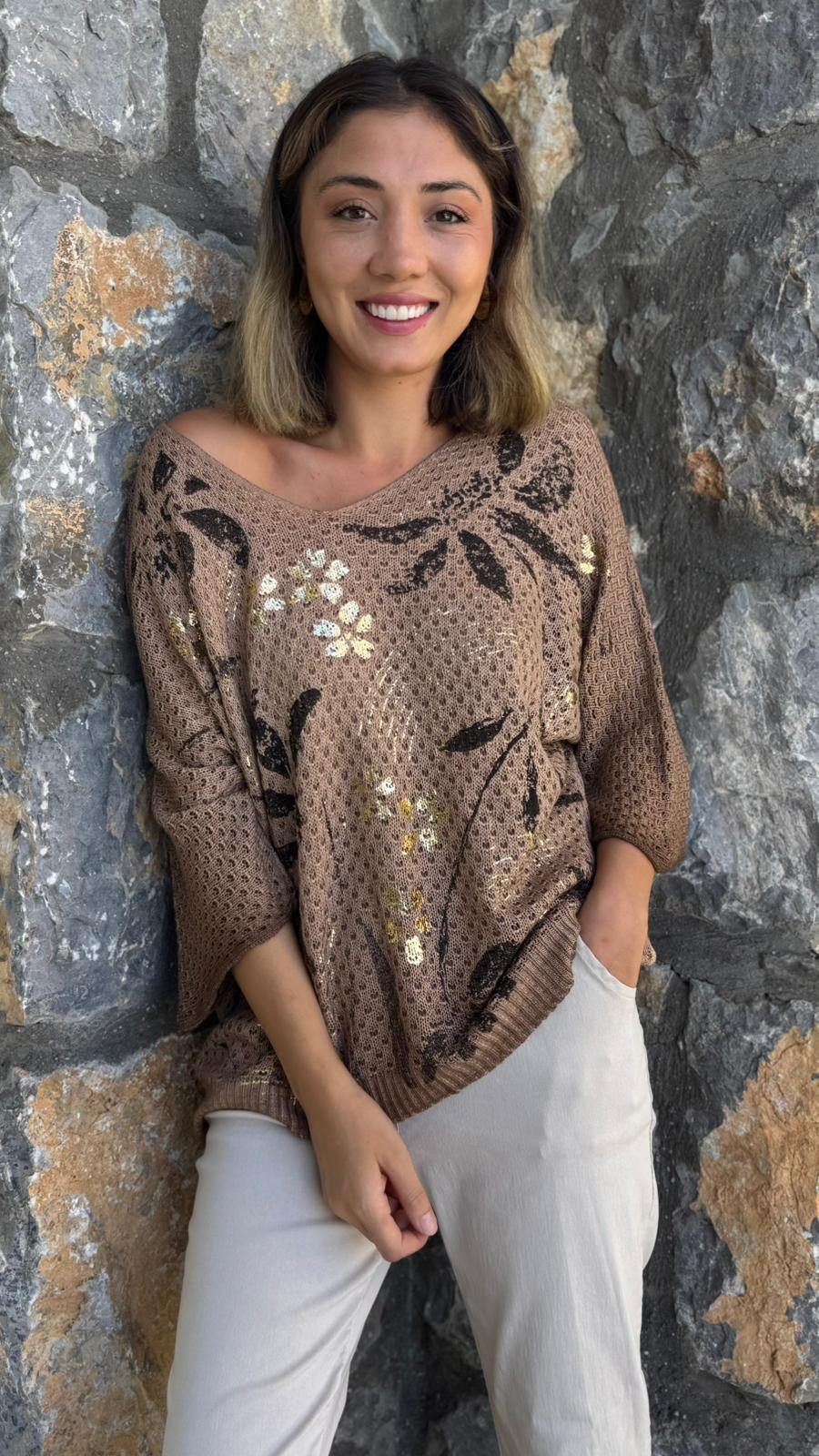 LS7514 İtalyan Yaprak Desen Triko Bluz Camel