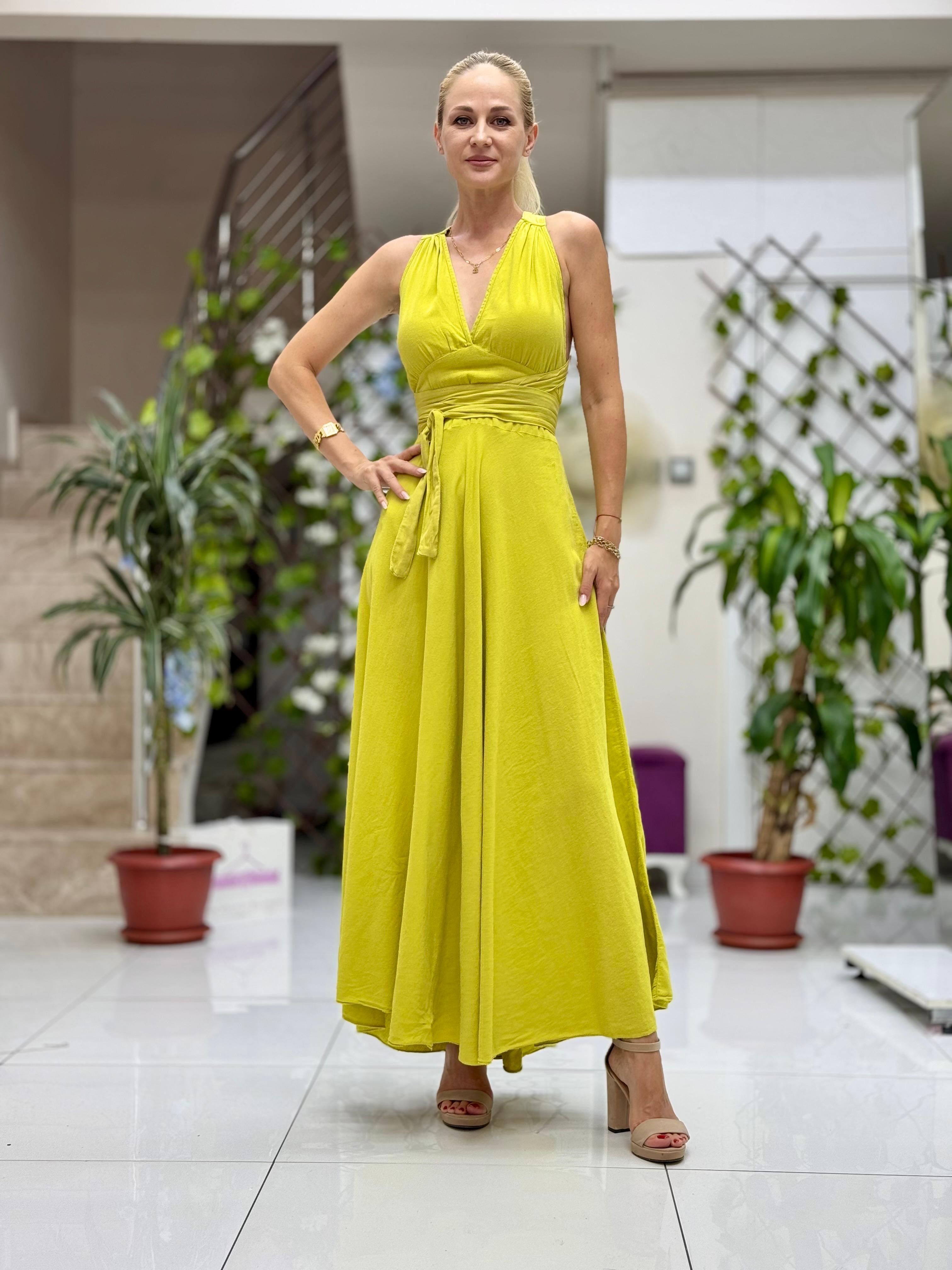 PT25071 Omuz Bağlamalı Belden Kuşaklı Sırtı Açık Coton Elbise Fıstık