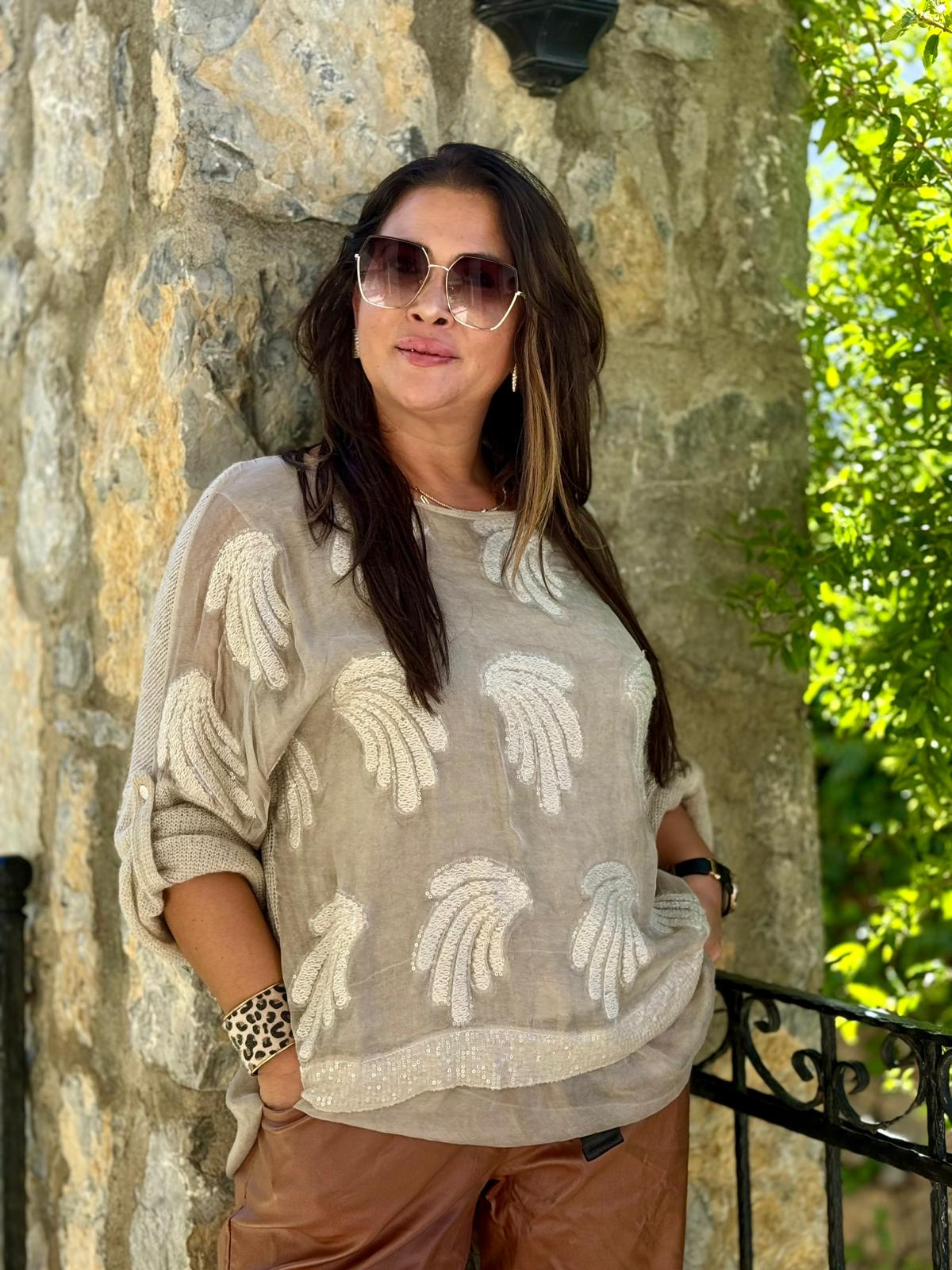 NC0023 Pul Payetli Kabartmalı İpek Triko İtalyan Bluz Krem