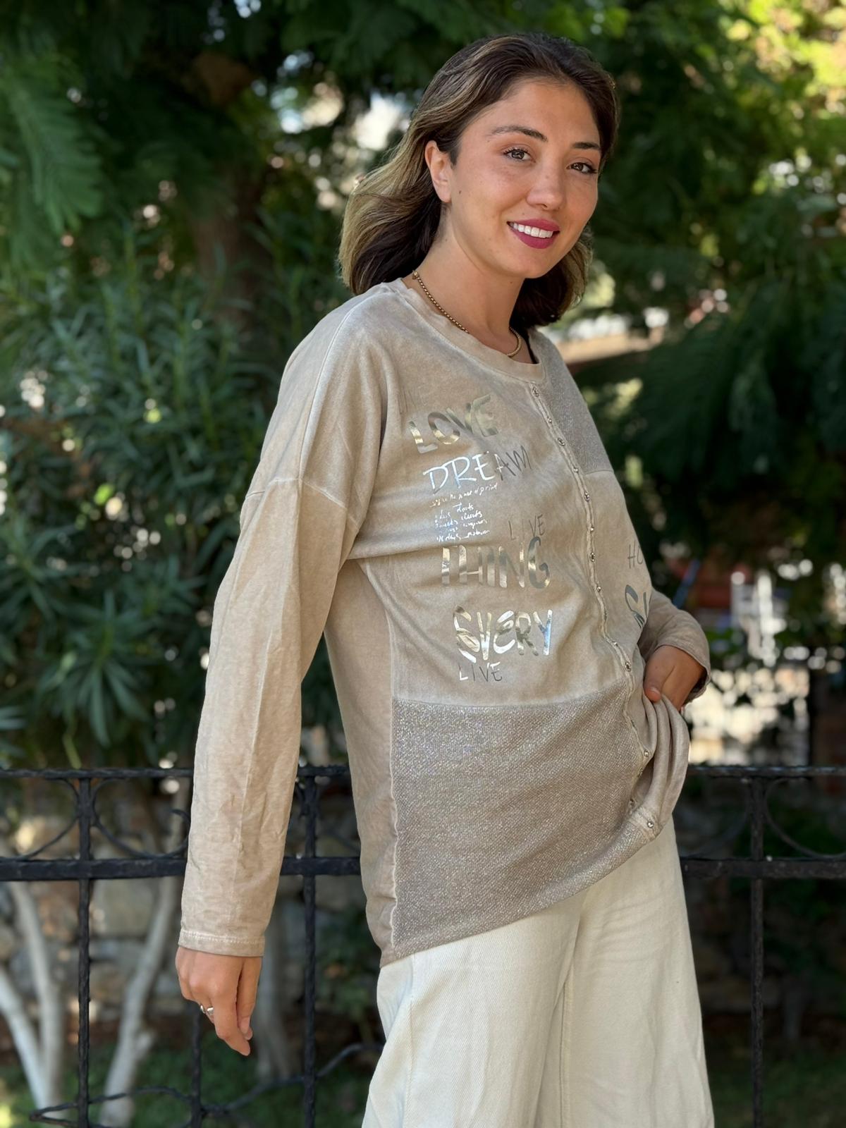 NC53761 İtalyan Yazılı Ve Taşlı Coton Sweatshirt Krem