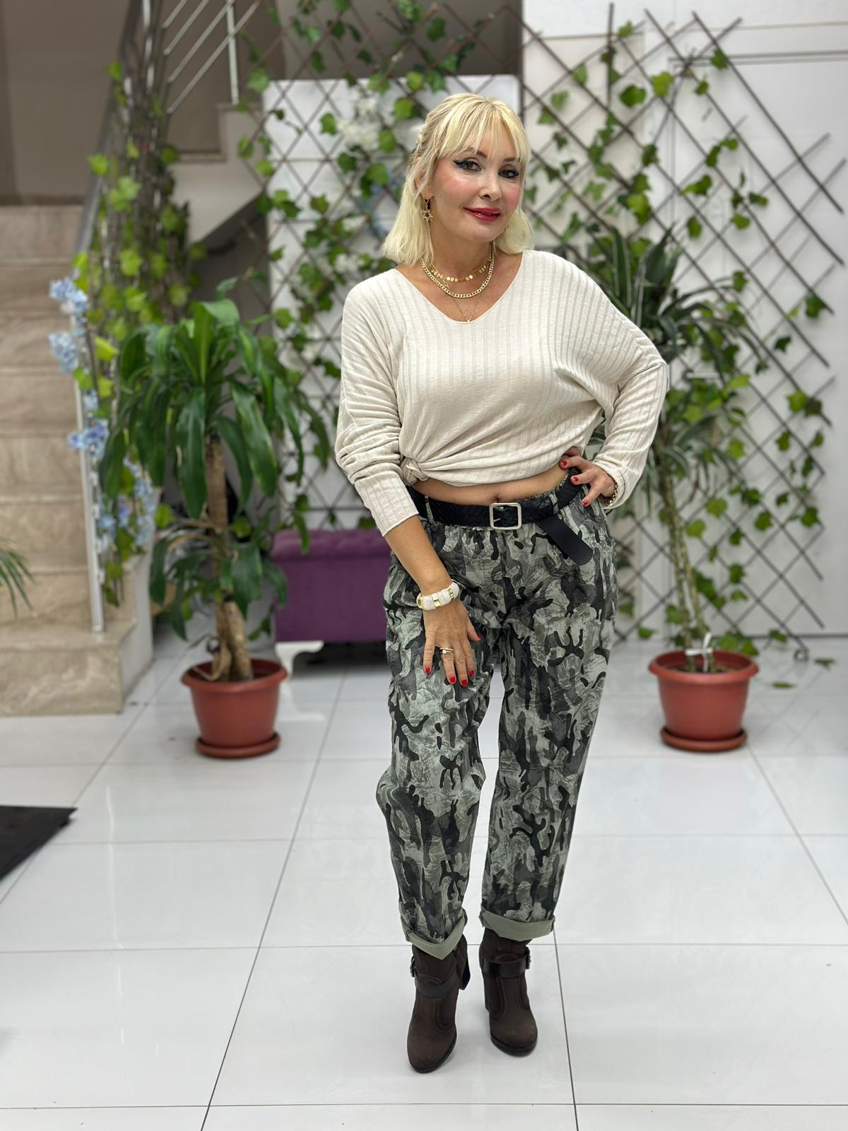NC242975 İtalyan Kamufulaj Likralı Coton Pantolon Yeşil