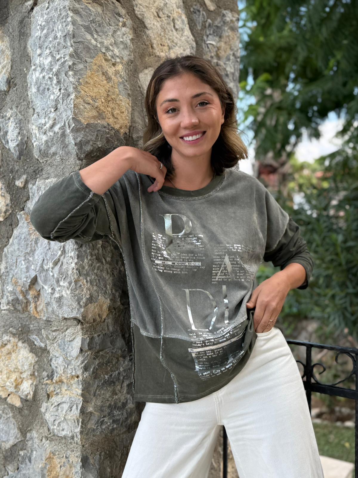 NC8533 İtalyan PADİ Yazılı Coton Sweatshirt Haki