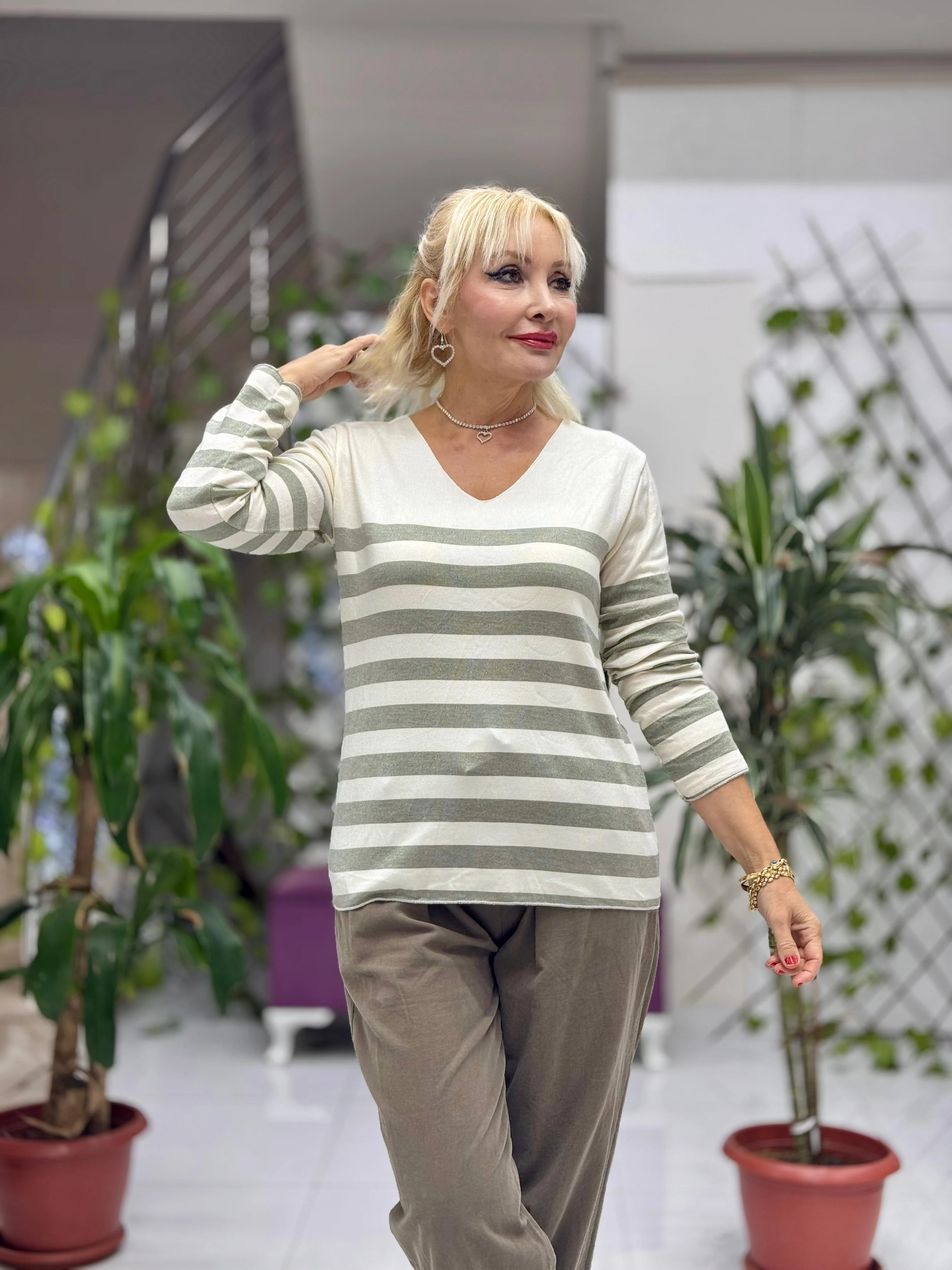 NC20251 İtalyan Yatay Çizgili V Yaka Triko Bluz Yeşil