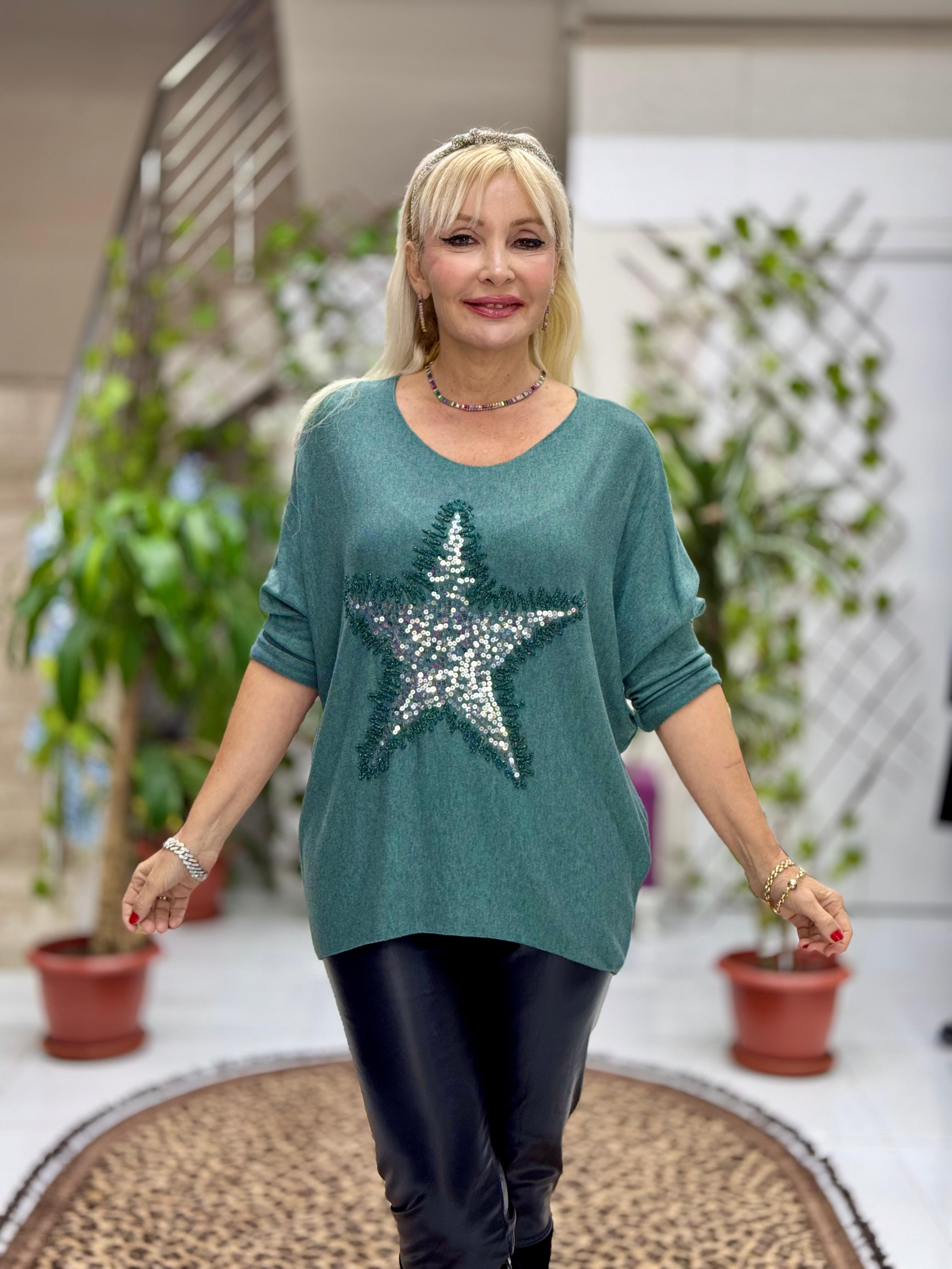 NC1778 İtalyan Yıldız desen Pulpayetli Bluz Çağla