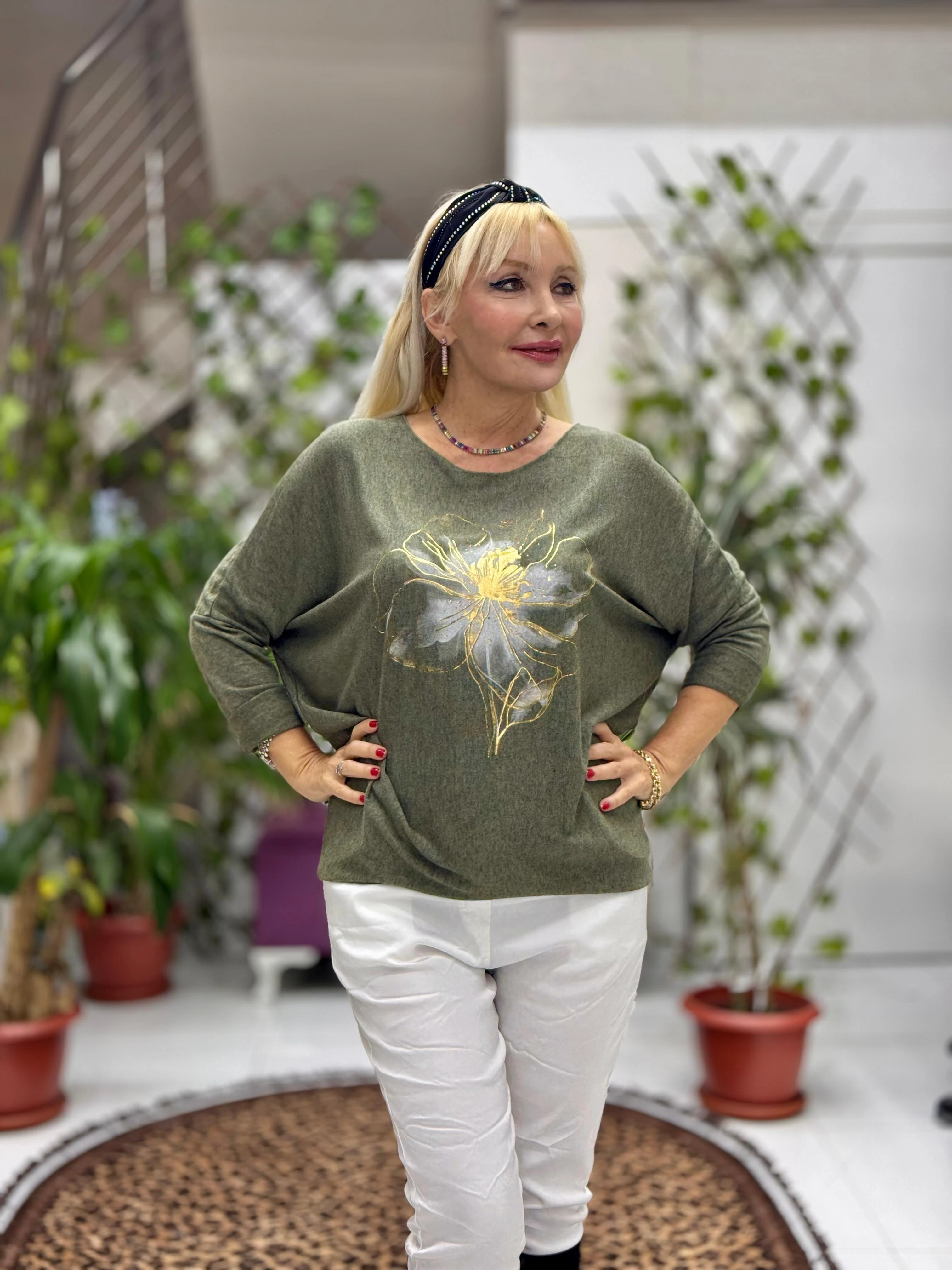 YG3003 Çiçek Baskılı İtalyan Triko Bluz Haki